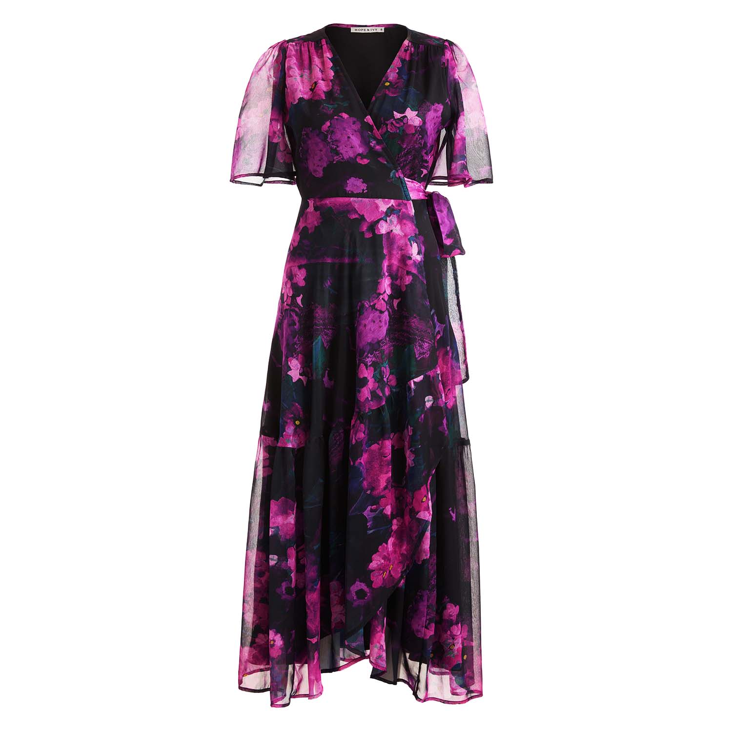 Women’s Pink / Purple The Madalena Flutter Sleeve Maxi Wrap Dress With Tie Waist XXL Hope and Ivy