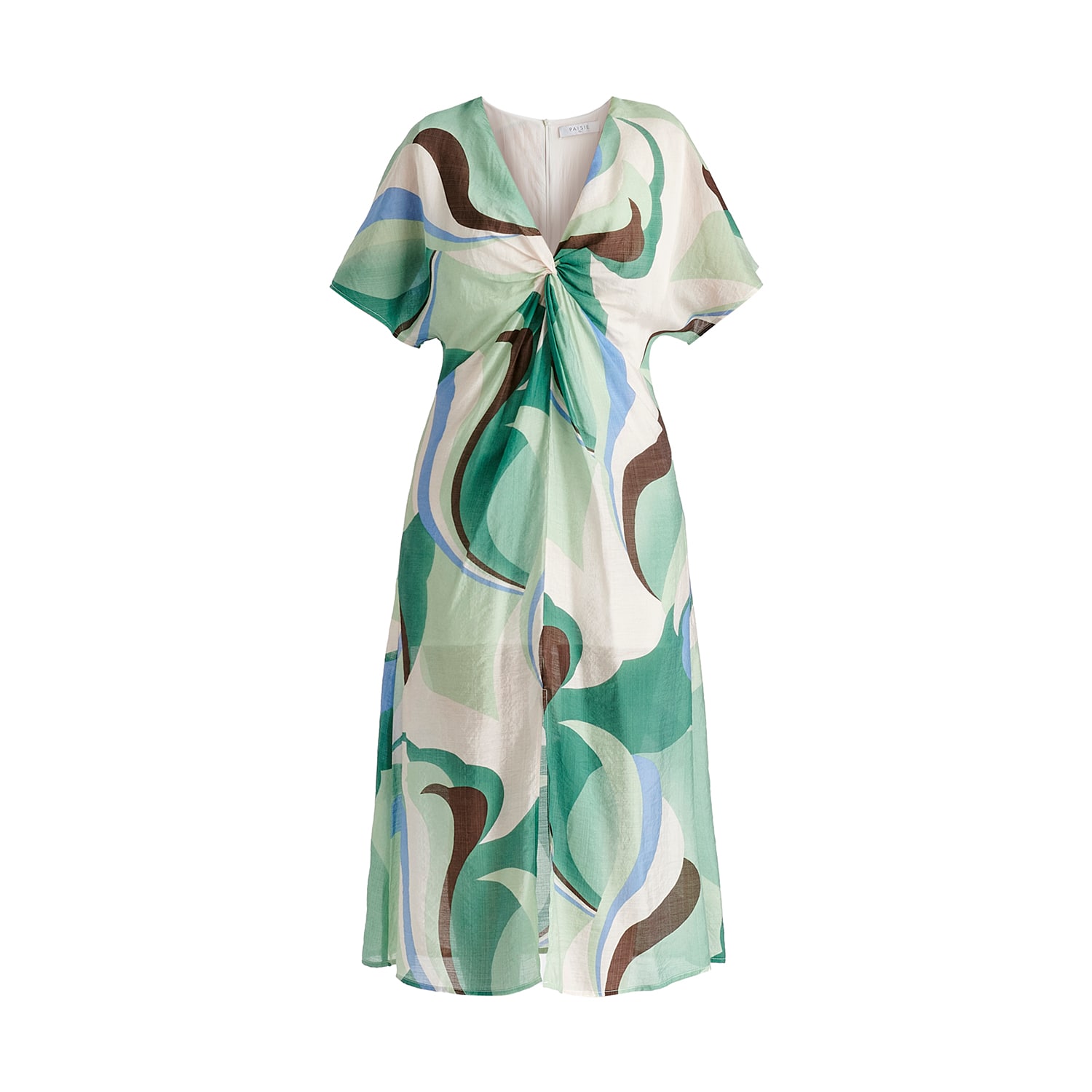Paisie Women's Retro Wave Midi Dress With Twist Detail In Green, Brown, Blue, Mint And White