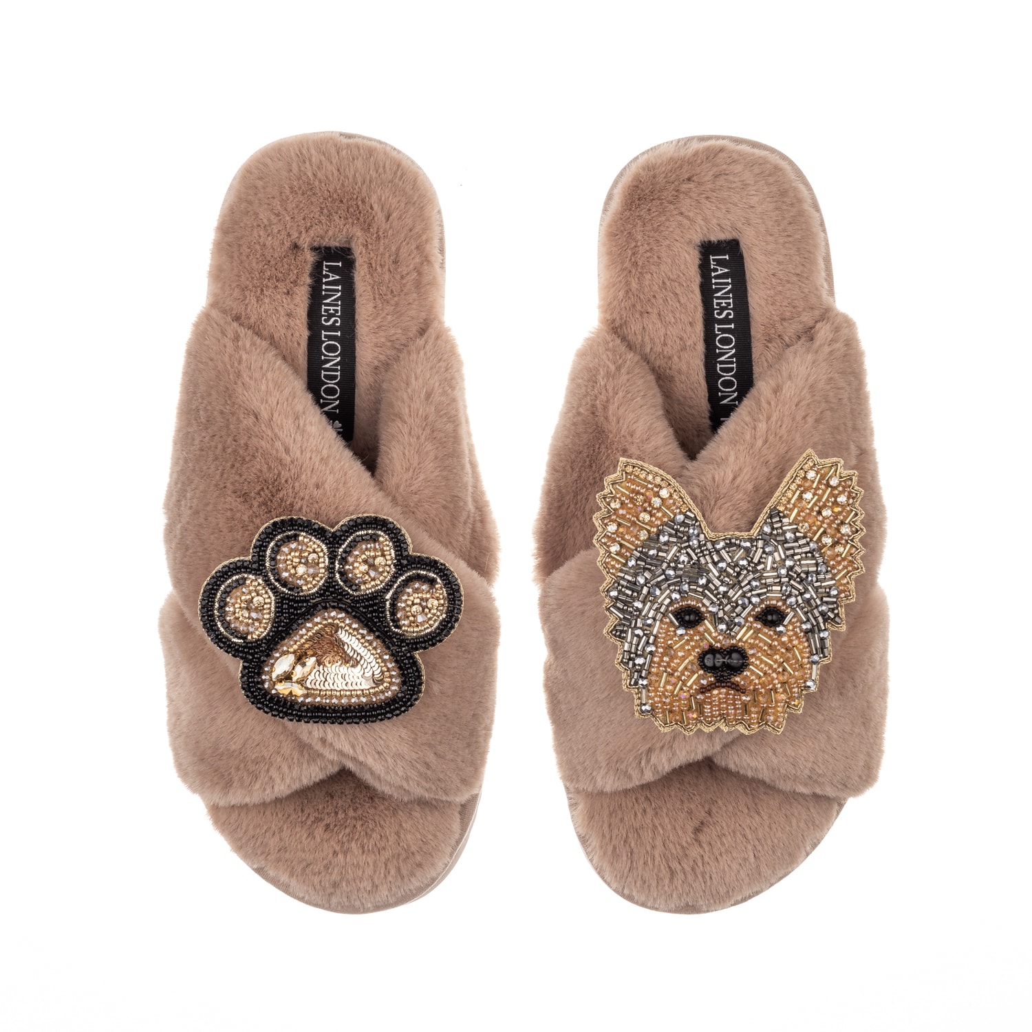 Laines London Women's Brown Classic Laines Slippers With Minnie The Yorkie & Paw Brooches - Toffee In Multi