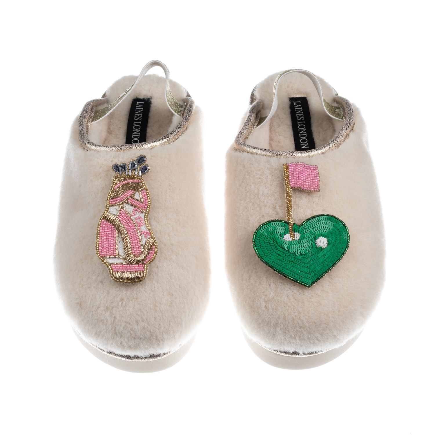 Laines London Women's Gold / Neutrals / White Flatform Cloud Slippers With Golf Lover Brooches - Cream In Neutral