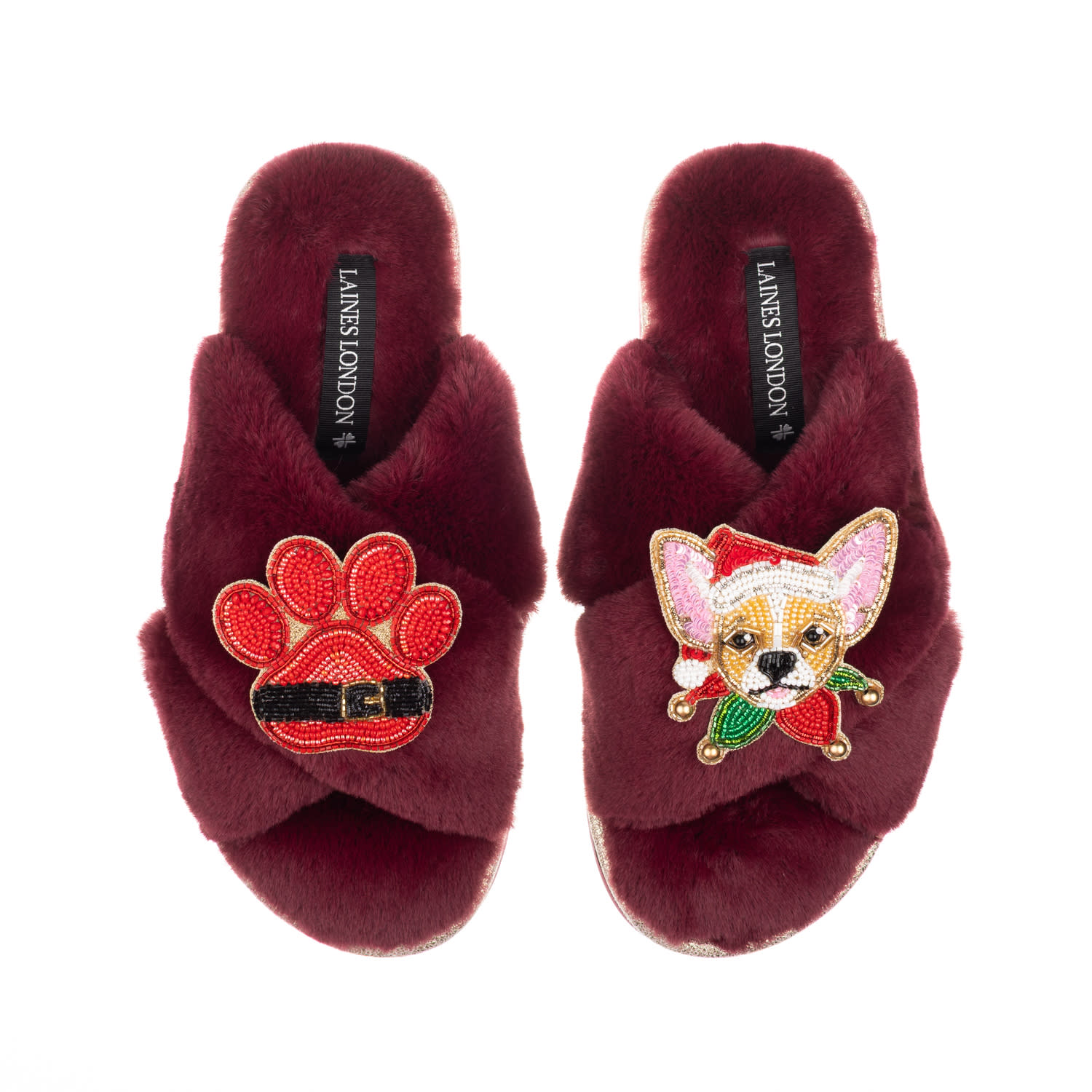 Laines London Women's Red Classic Slippers With Christmas Chihuahua & Paw Brooches - Limited Edition Burgundy In Burgundy