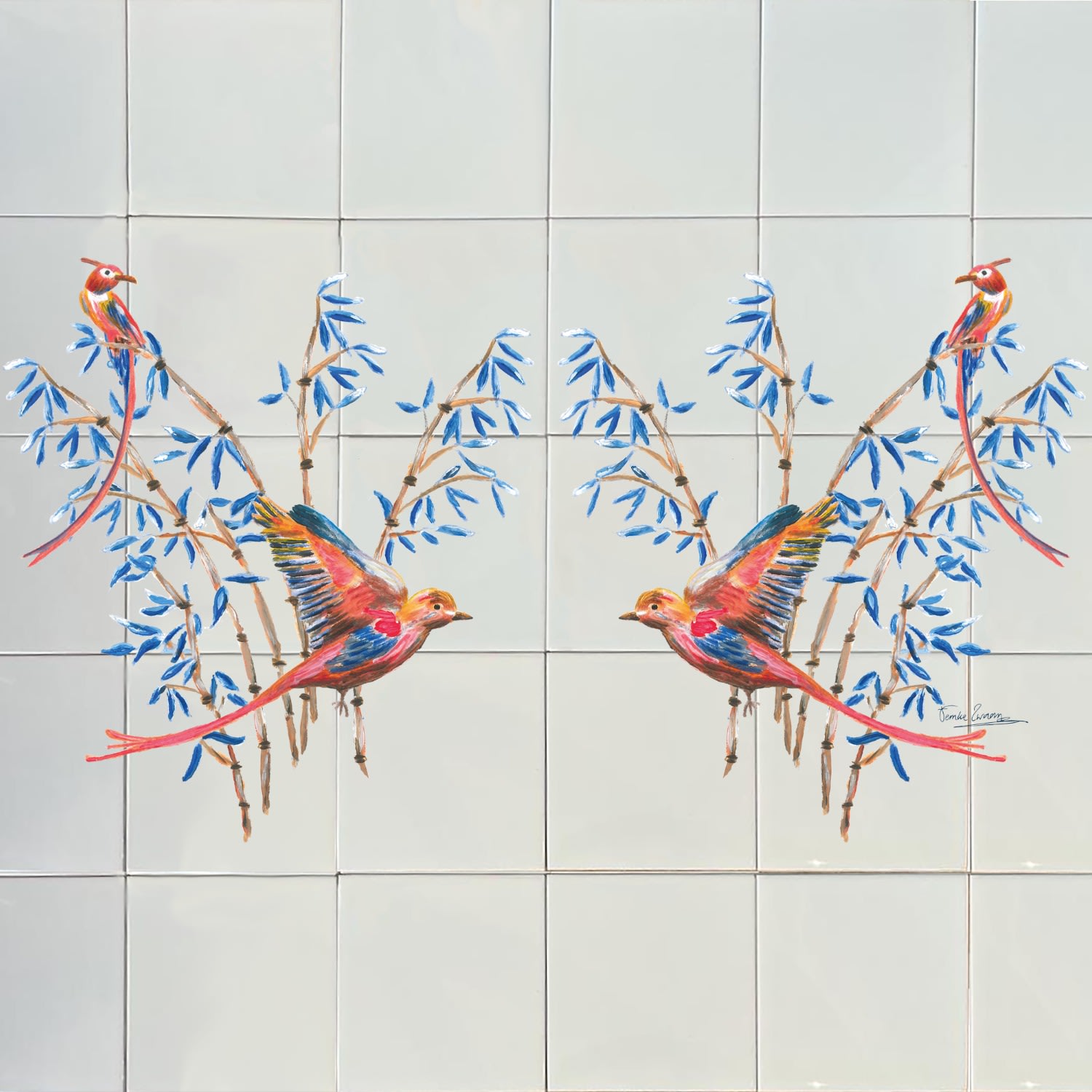 White / Blue / Red Backsplash Tiles Bamboo Birds Catchii