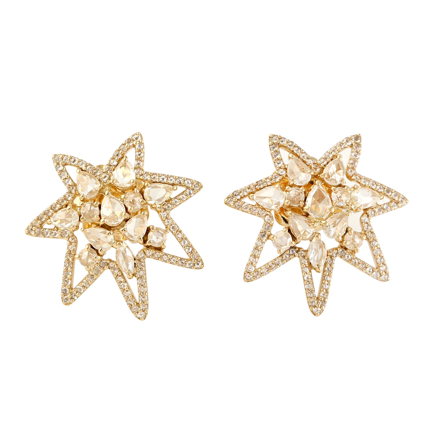 Artisan Women's Gold / White Natural Rose Cut Diamond Star Stud Earrings In 18k Yellow Gold