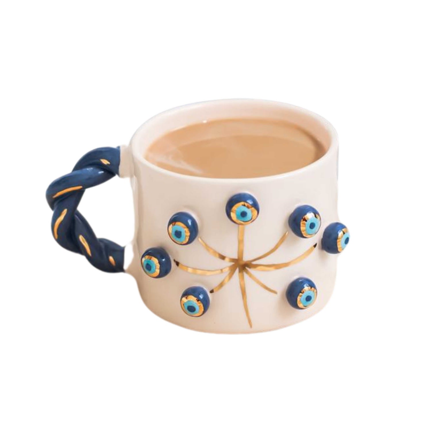 Anatoliacraft White / Blue Handmade Evil Eye Ceramic Mug With Braided Handle - Real Gold Detailed