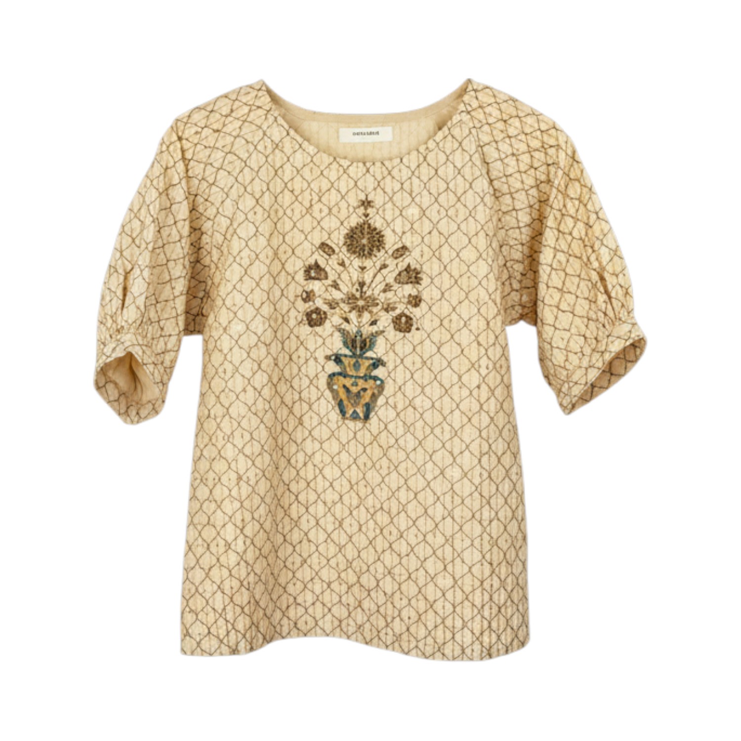 Stovaria Women's Golden Bloom Pure Cotton Top With Gold Zari Embroidery