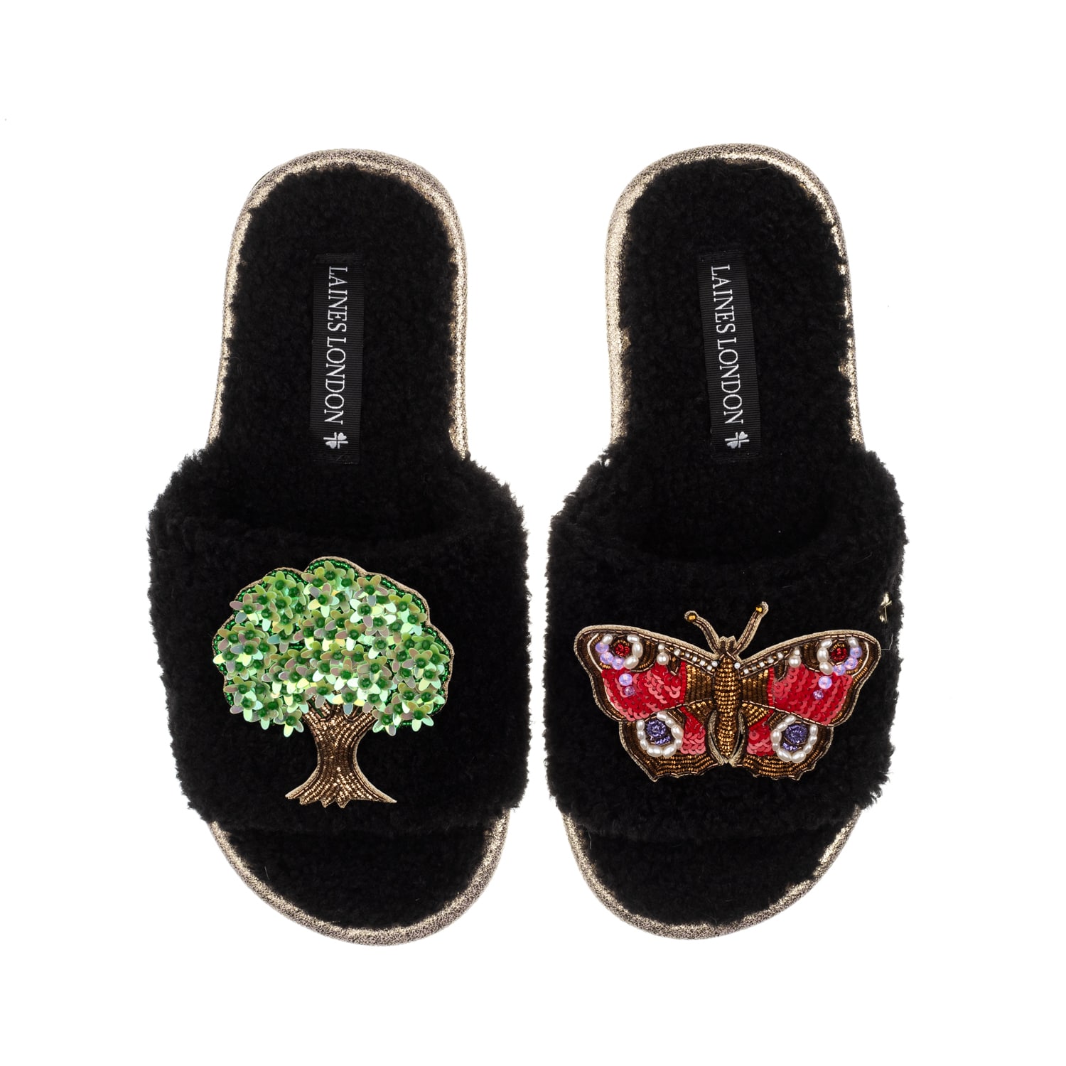Laines London Women's Teddy Toweling Slipper Sliders With Oak Tree & Butterfly Brooches - Black In Black