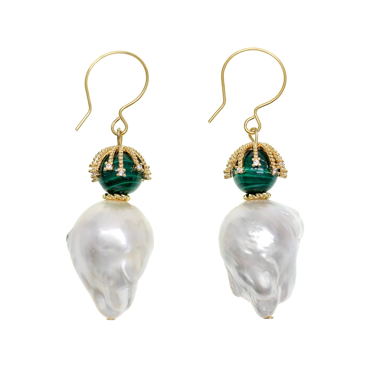 Farra Women's Baroque Pearl With Round Malachite Hook Earrings In Yellow