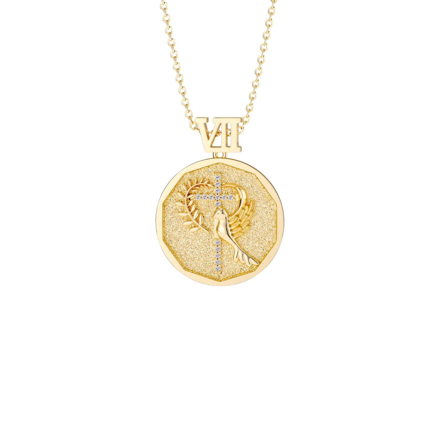 Vanimy Women's Gold Promised Land Cross Dove Of Peace With Olive Branch Coin Medallion Necklace