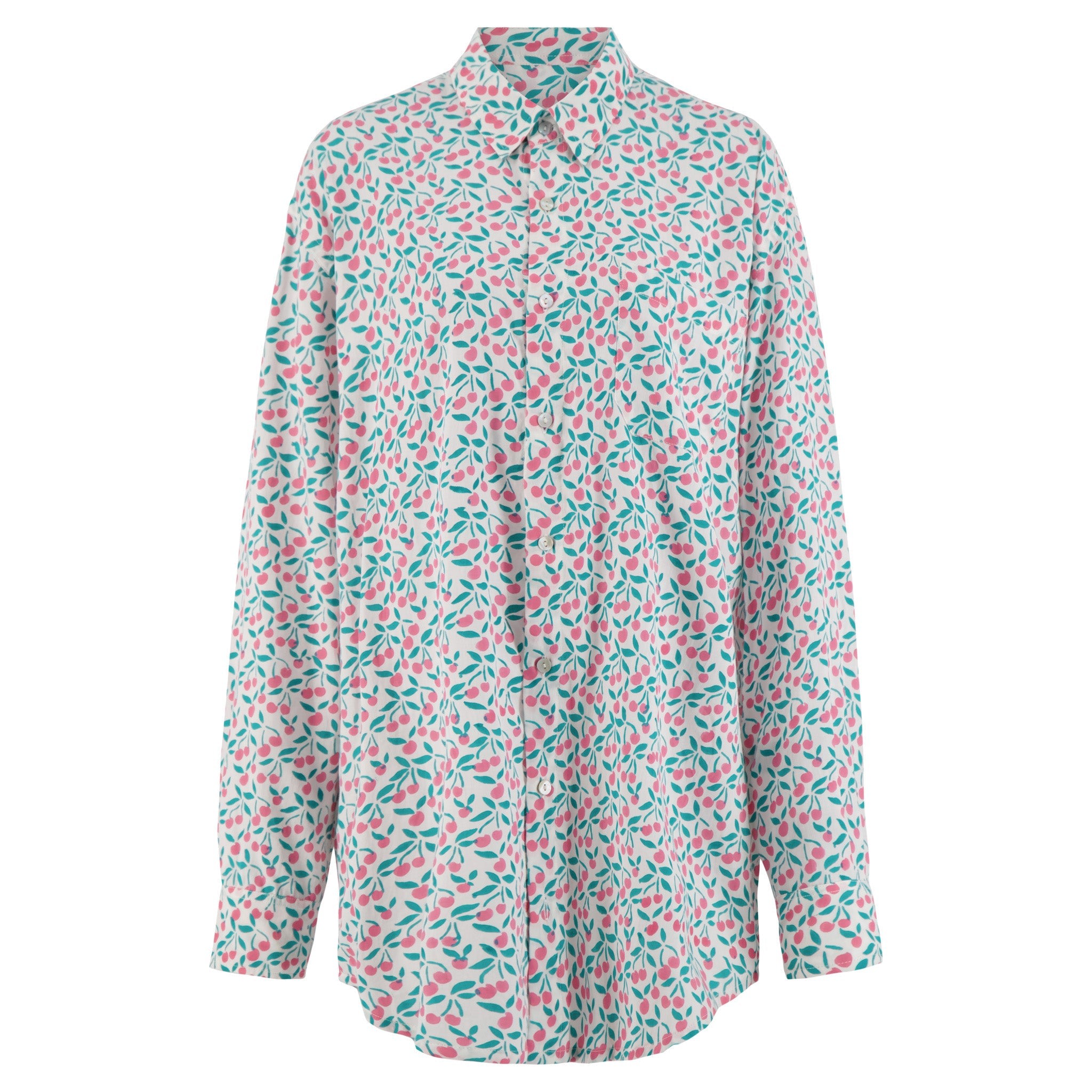 Women’s Blue / White / Pink Claude Organic Cotton Button Up Boyfriend Shirt With Front Pocket And Long Sleeves In Aqua And Pink Cherries Block Print One Size Kate Austin Designs