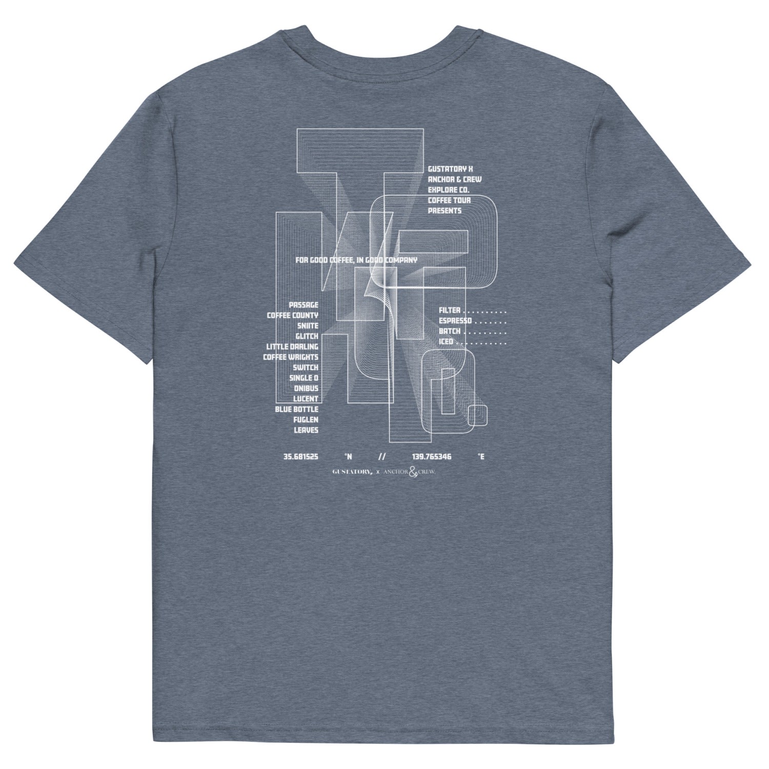 Anchor & Crew Dark Heather Blue Gustatory Tokyo Coffee Scene Organic Cotton Embroidered T-shirt - Women In Blue