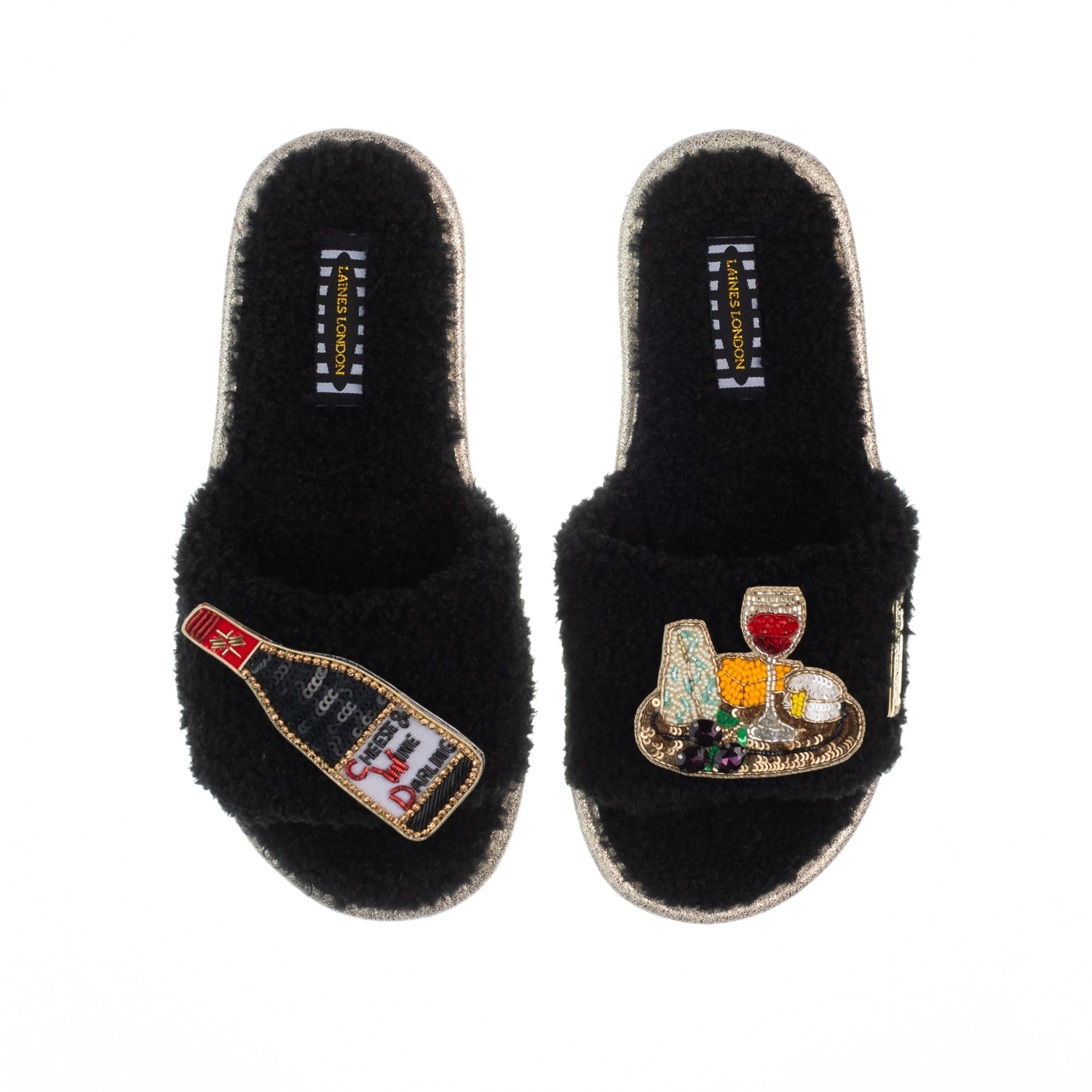 Laines London Women's Teddy Toweling Slipper Sliders With Cheese & Red Wine Brooches - Black In Black