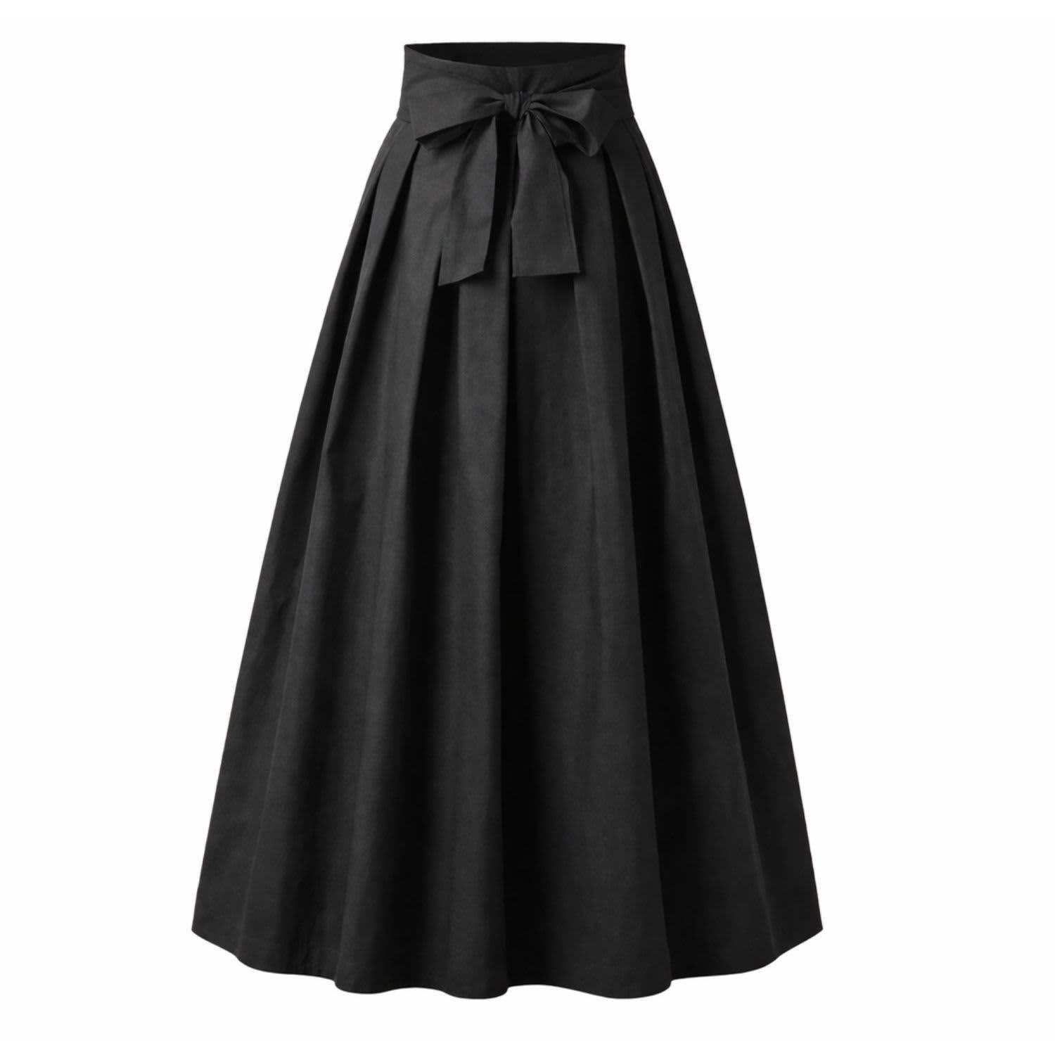 Maxi Cotton Elegant Skirt With Front Bow & High Waist In Black