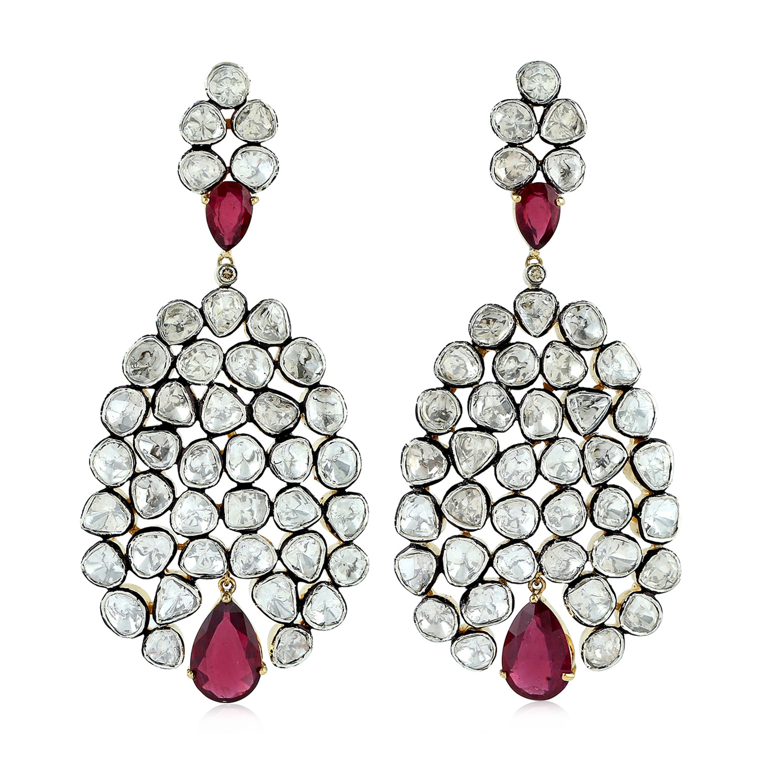 Women’s White / Red / Gold Natural Diamond Dangle Earrings Ruby 18K Gold 925 Sterling Silver Artisan