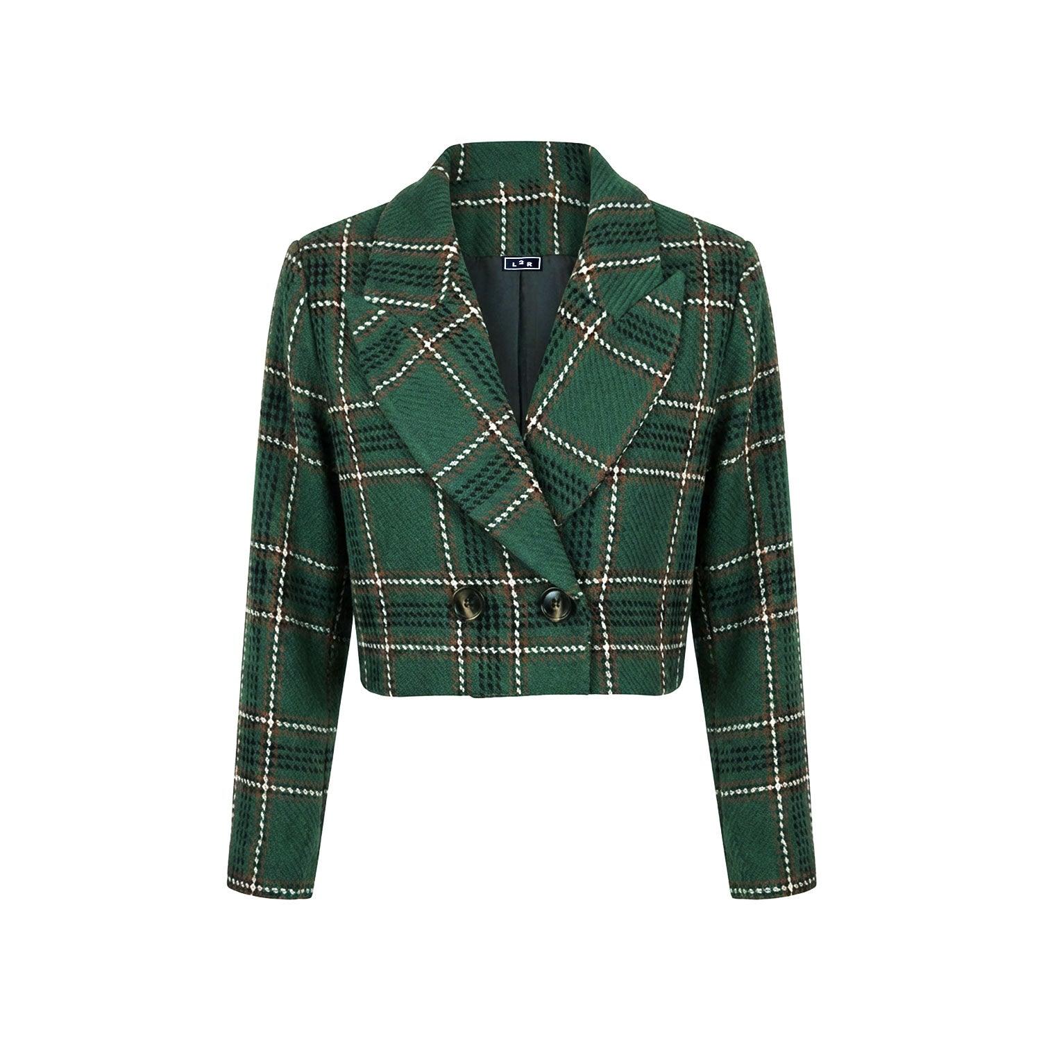 Women's Green / White / Brown Green & Brown Plaid Cropped Double Breasted Blazer | Large | L2R the Label