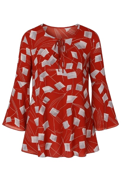 Conquista Women's Red Loose Fit Print Top With Bell Sleeves In Red