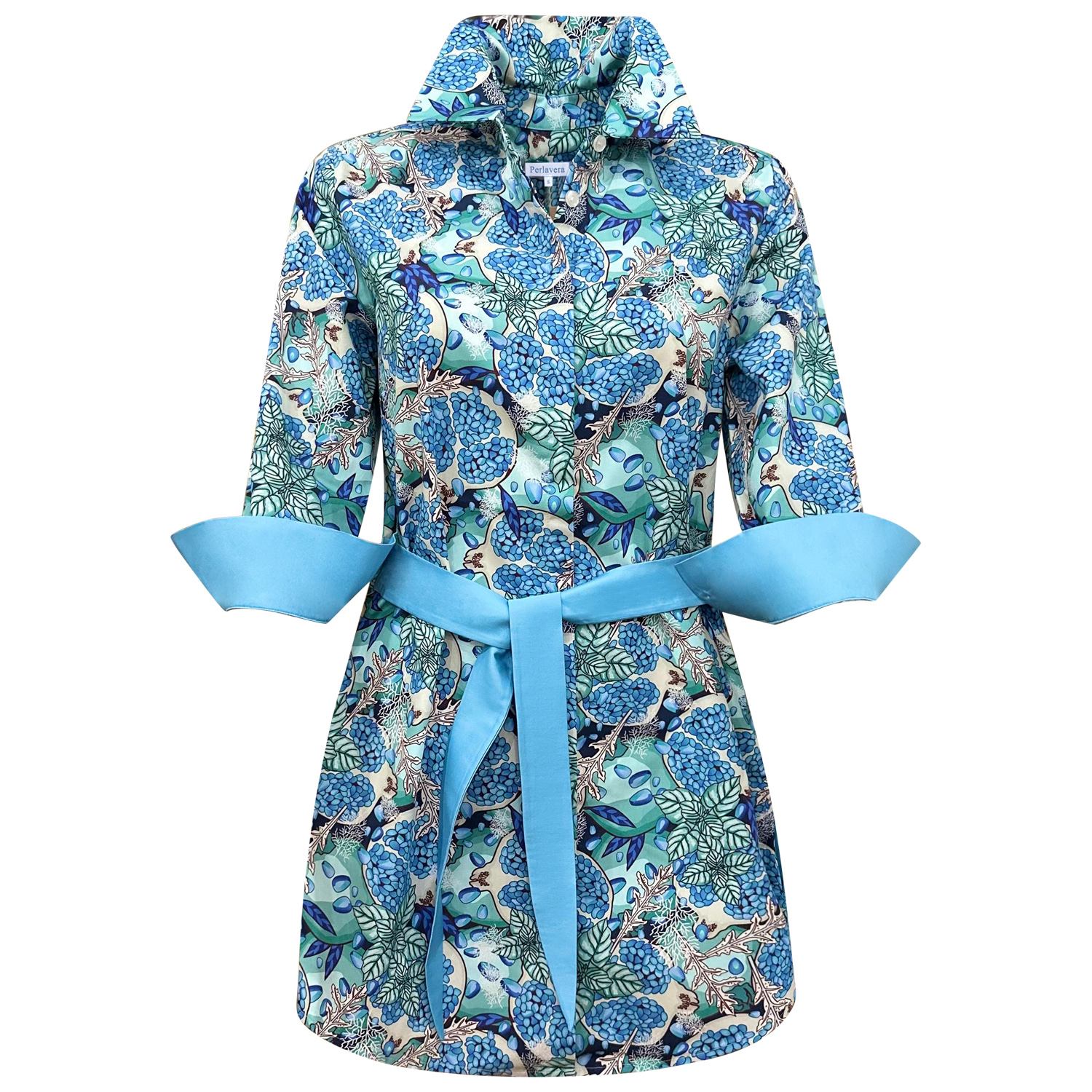 Perlavera Women's Blue / White Dora Pomegranate Printed Cotton Three Quarter Sleeve Length Tunic Site Slits An
