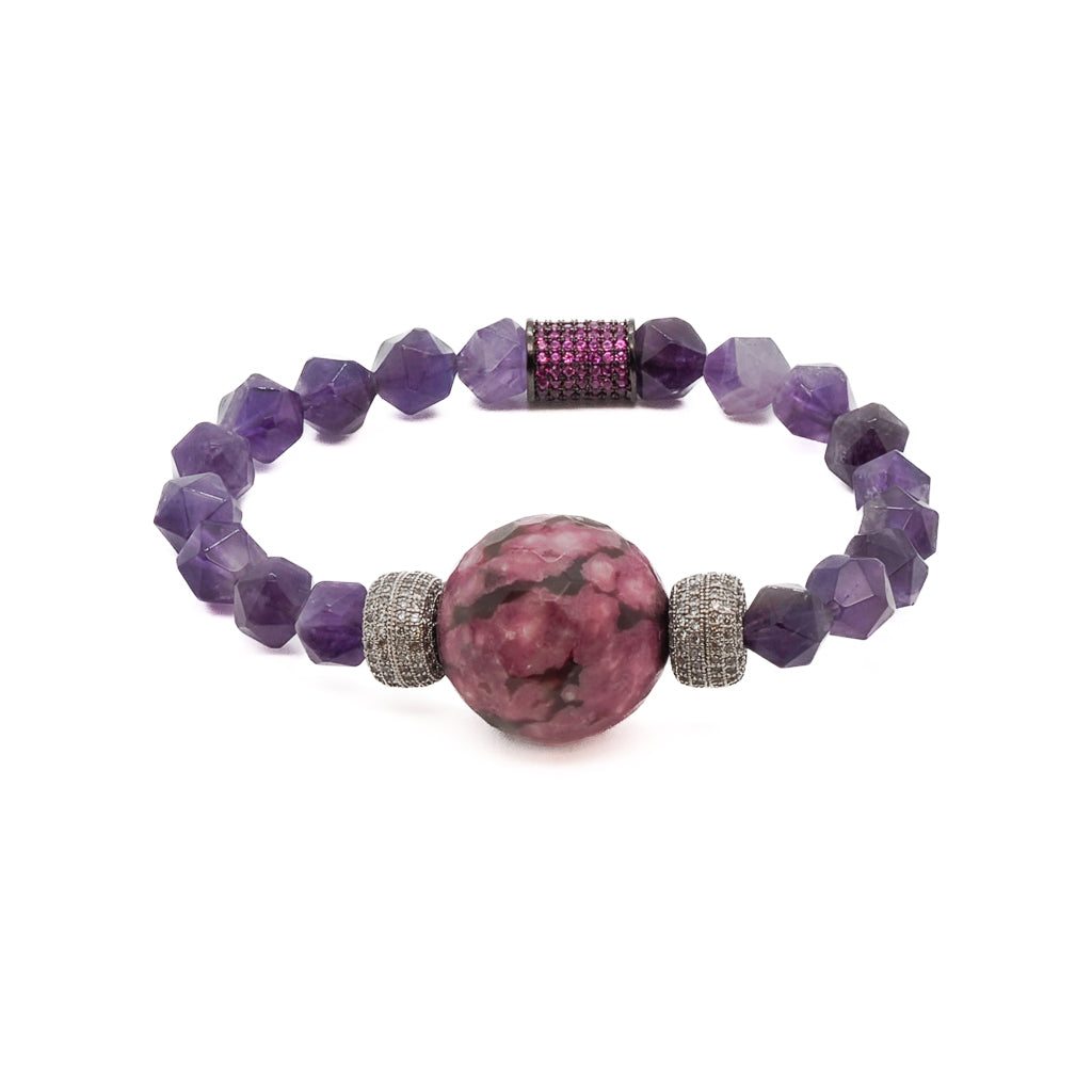 Pink / Purple / Silver Stylish Women Amethyst & Diamond Beaded Bracelet - Pink Ebru Jewelry