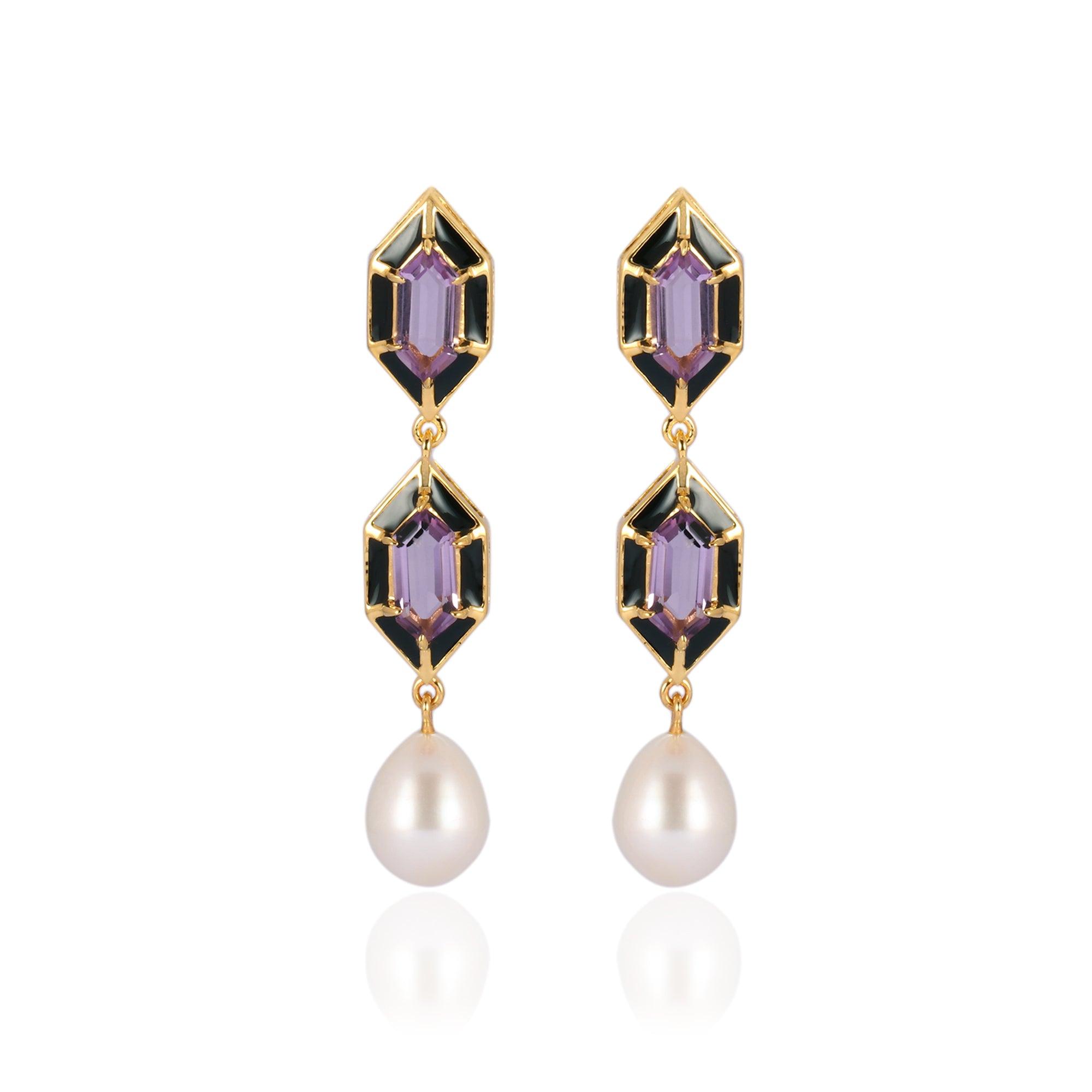 Karrah Jewellery Women's Noor Hexagon Amethyst And Pearl Earrings Gold Vermeil