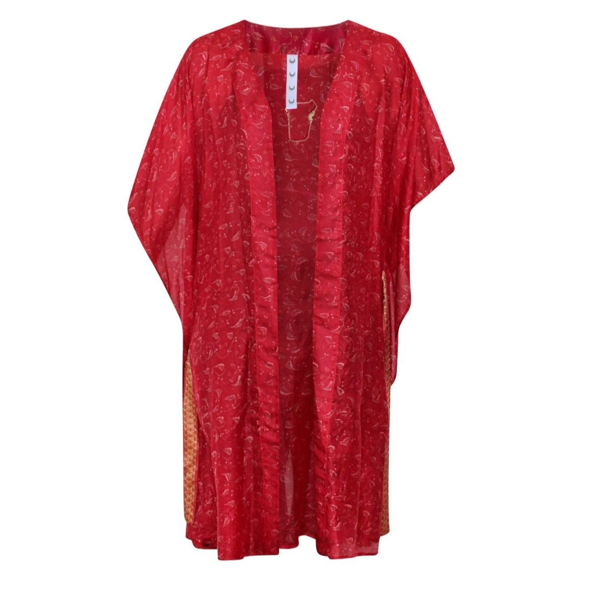 Women’s Neem - Vintage Silk Sari Ruby Red Printed Kimono Style Wrap Dress One Size Eluroom