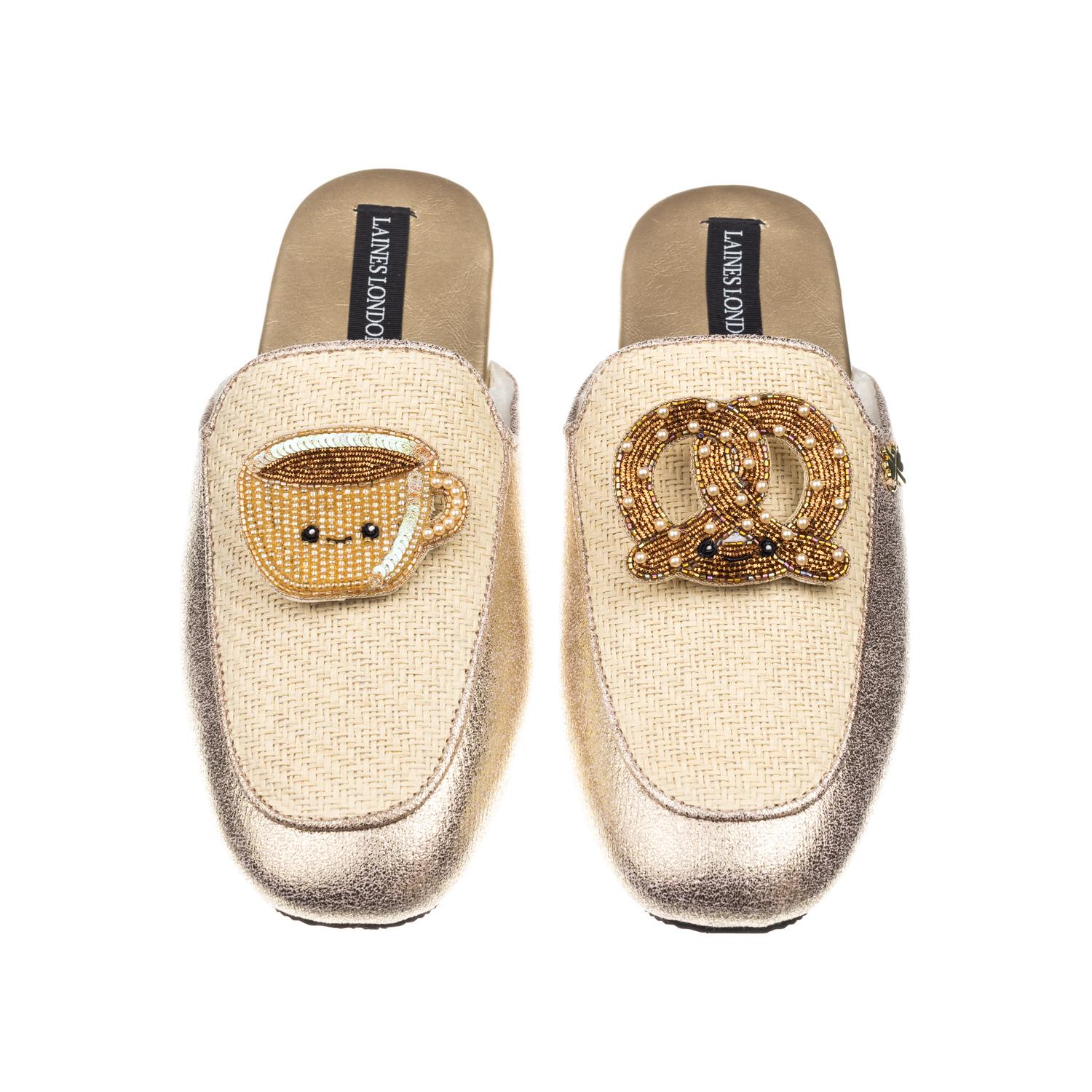 Laines London Women's Gold / Neutrals Classic Mules With Laines Loveables Hot Chocolate & Pretzel Brooches - Cream In Gold