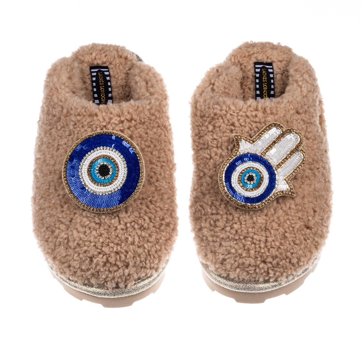 Laines London Women's Brown Teddy Towelling Closed Toe Slippers With Evil Eye & Hamsa Hand Brooches - Toffee