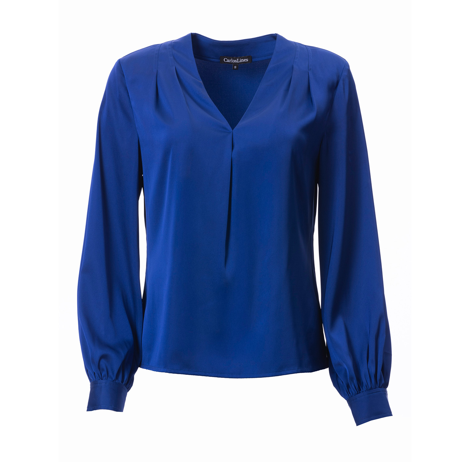 Carloslines Women's Blue V-neck Pleat Detail Balloon Long Sleeve Blouse In Cobalt Solid In Blue