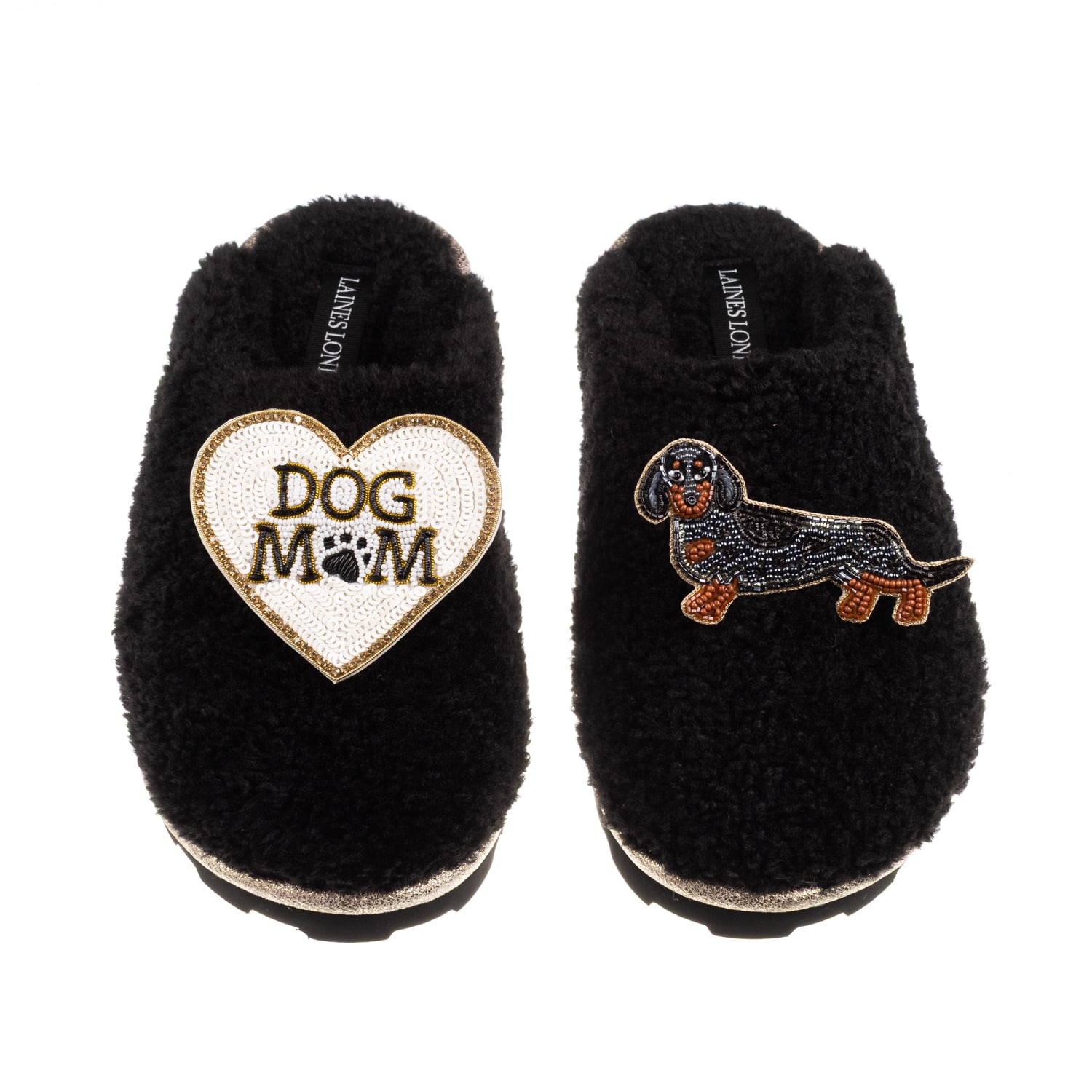 Laines London Women's Teddy Closed Toe Slippers With Dog Mum/mom & Dapple Dachshund Brooches - Black In Black