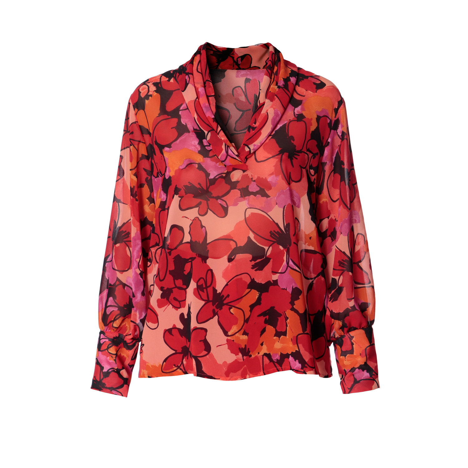 Women’s Red Lilith Flower Nectar Chiffon Blouse With Shawl Collar Small Aggi