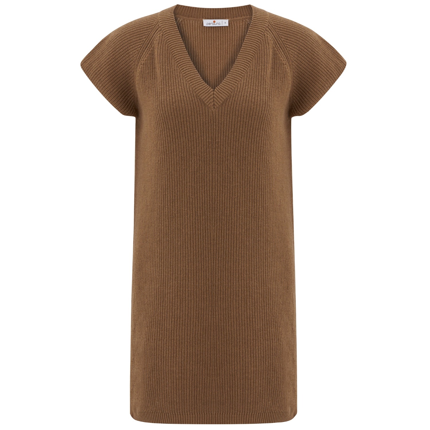 Peraluna Women's Brown V-neck Knitwear Sleeveless Drop-shoulder Long Tunic - Camel In Brown