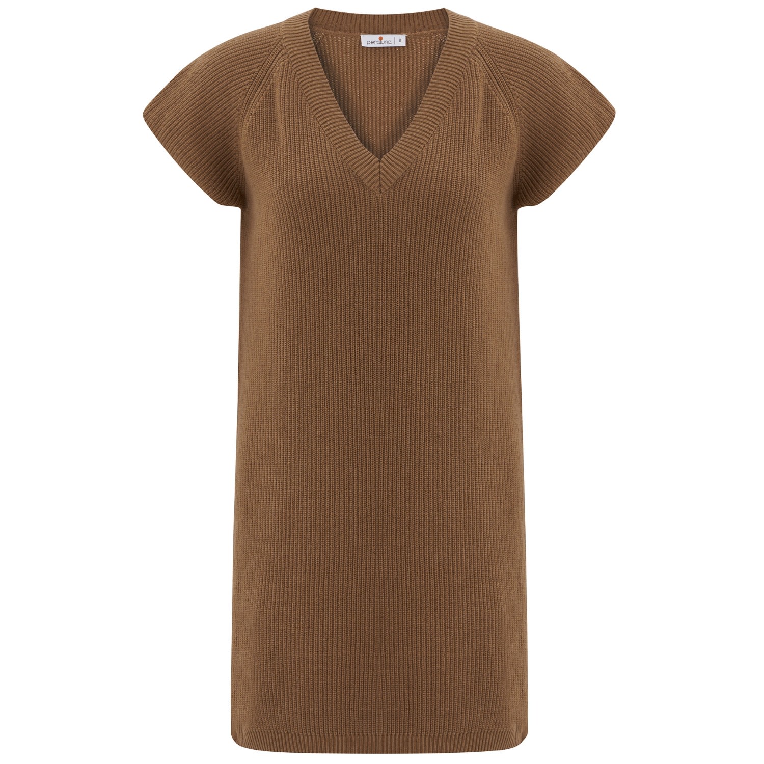 Women’s Brown V-Neck Knitwear Sleeveless Drop-Shoulder Long Tunic - Camel Extra Large Peraluna