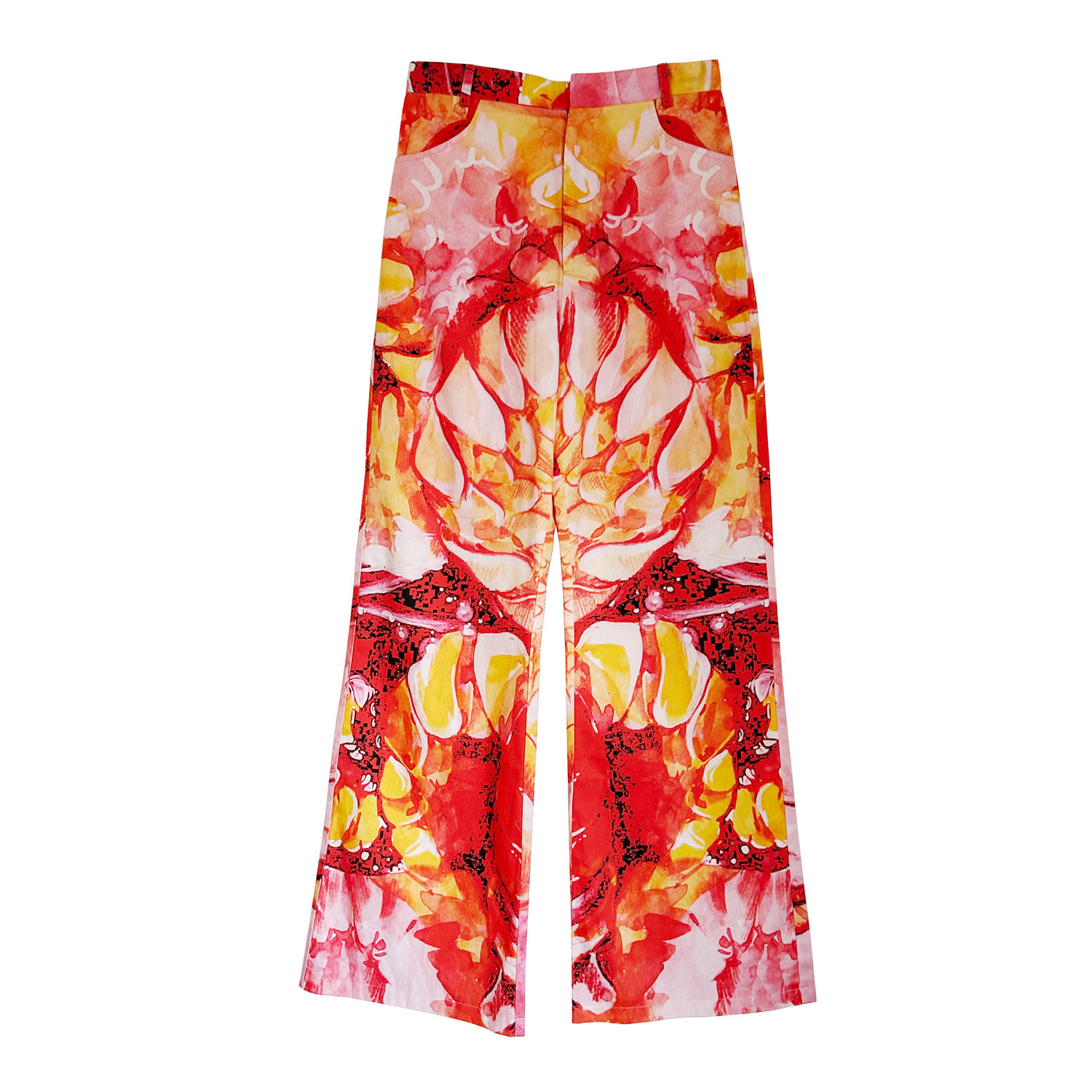 Subin Hahn Men's Chrysanthemum Art Print Flared Jeans In Cotton Twill In Red