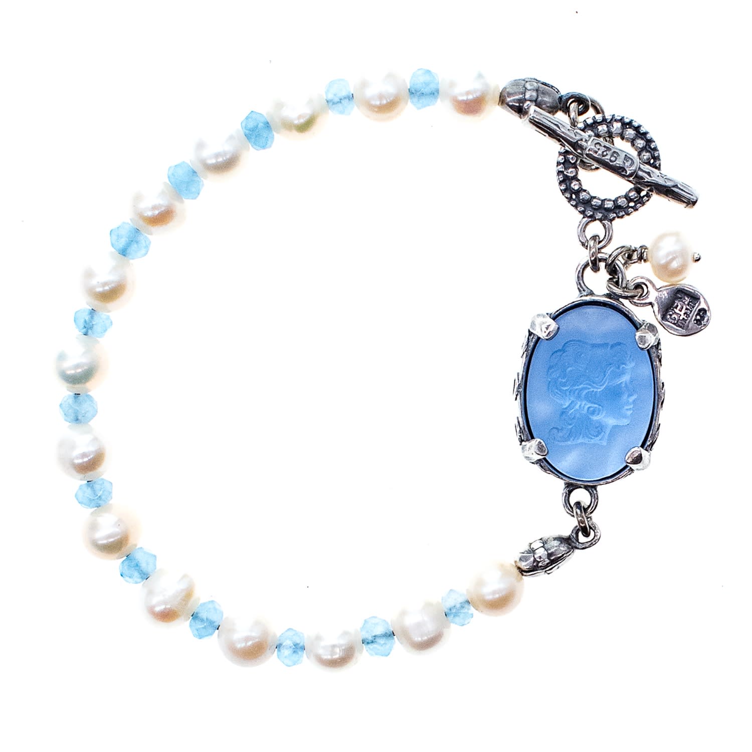 Gem Kingdom Women's Blue / White / Silver Blue Muse Beaded Jade And Pearl Bracelet Cameo In Multi