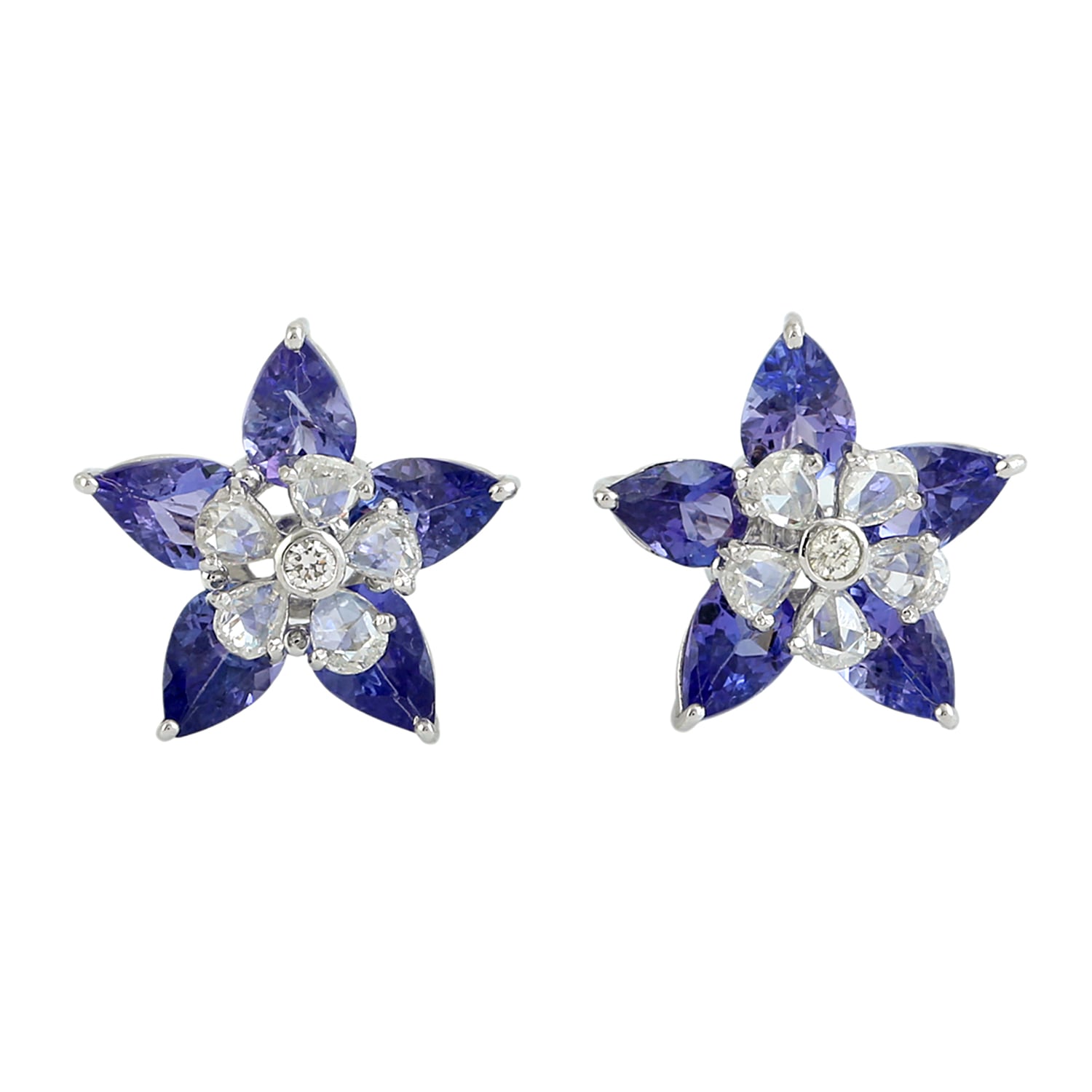 Artisan Women's White / Blue Tanzanite & Rose Cut Diamond Flower Ear Jacket Earrings In White Gold