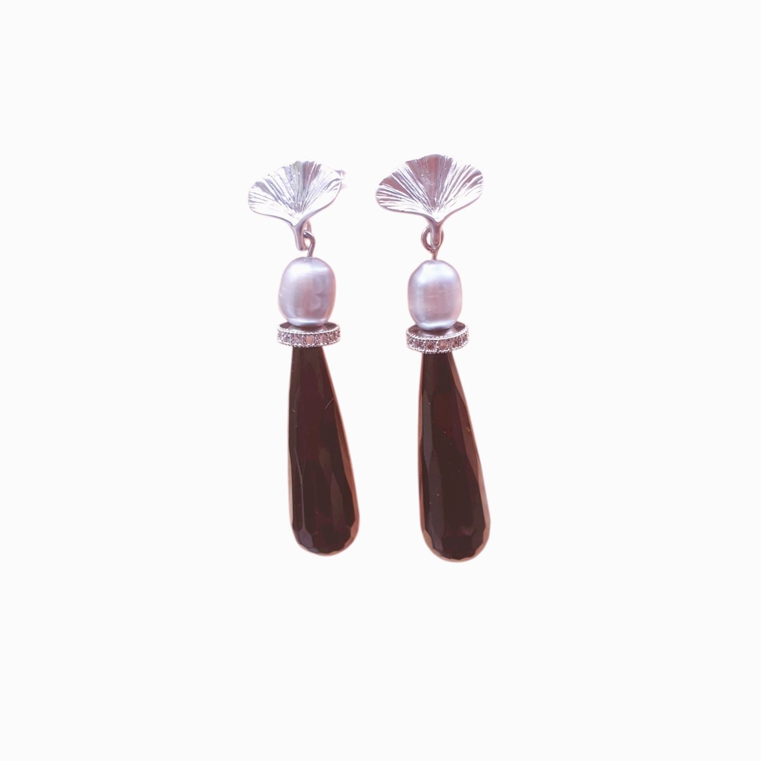 Way To Chic Women's Black / Grey / Silver Silver Ginkgo Leaf Stud Earrings With Grey Pearl, Black Agate Teardrop In Multi