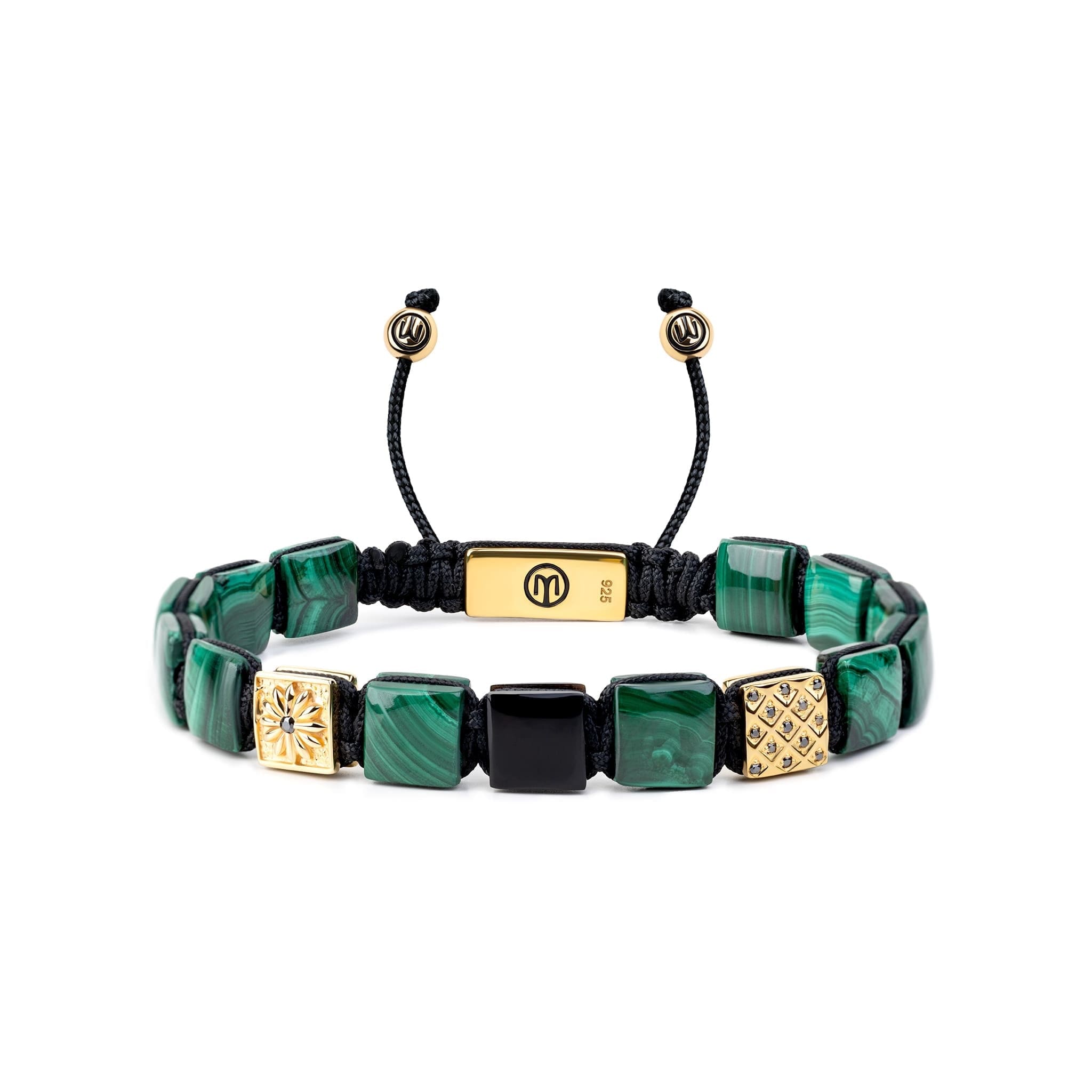 Mahigan Green / Black / Gold Men's Macrame Bracelet – Malachite & Black Onyx Beads In Gold