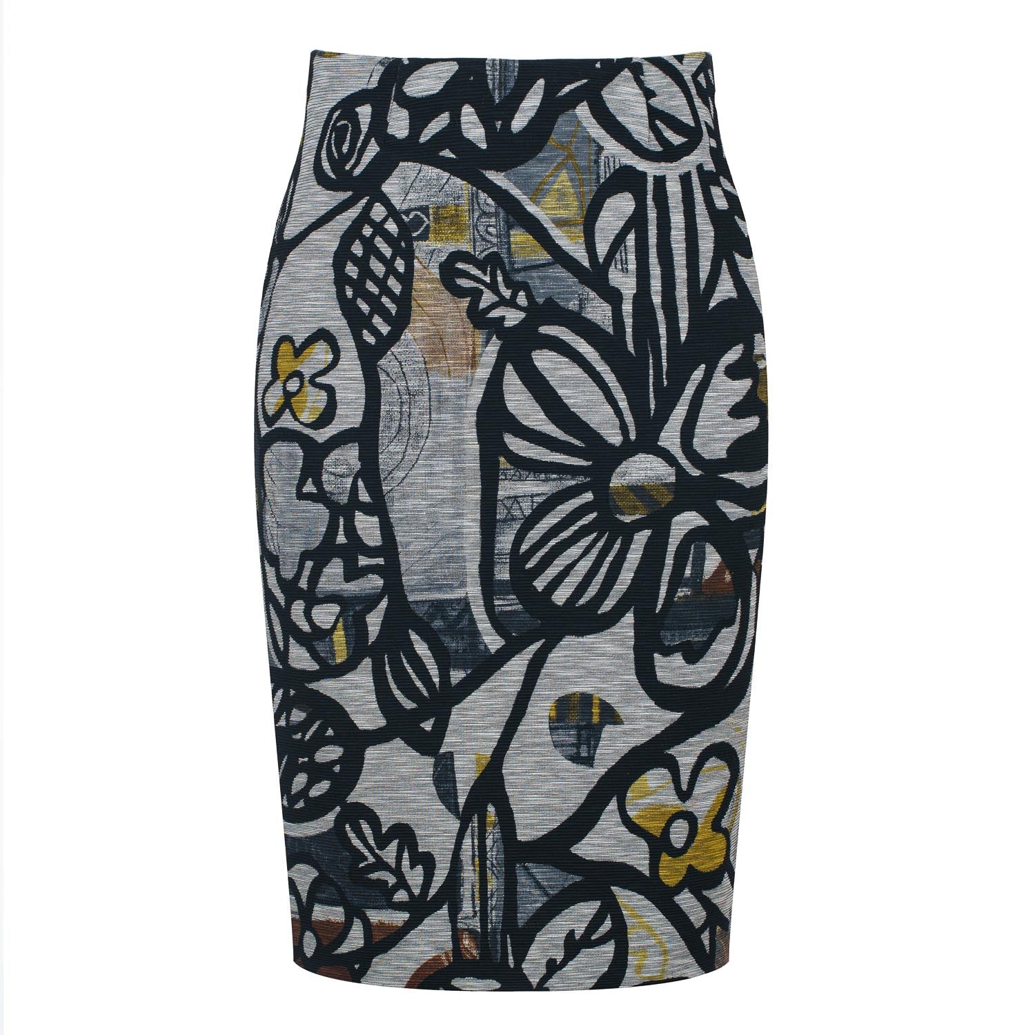 Conquista Women's Abstract Print Textured Pencil Midi Skirt – Elastic Fabric, Back Slit