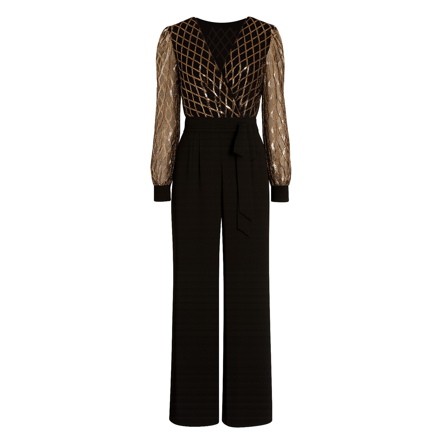 Yumi Women's  Black And Gold Sequin Wrap Over Jumpsuit
