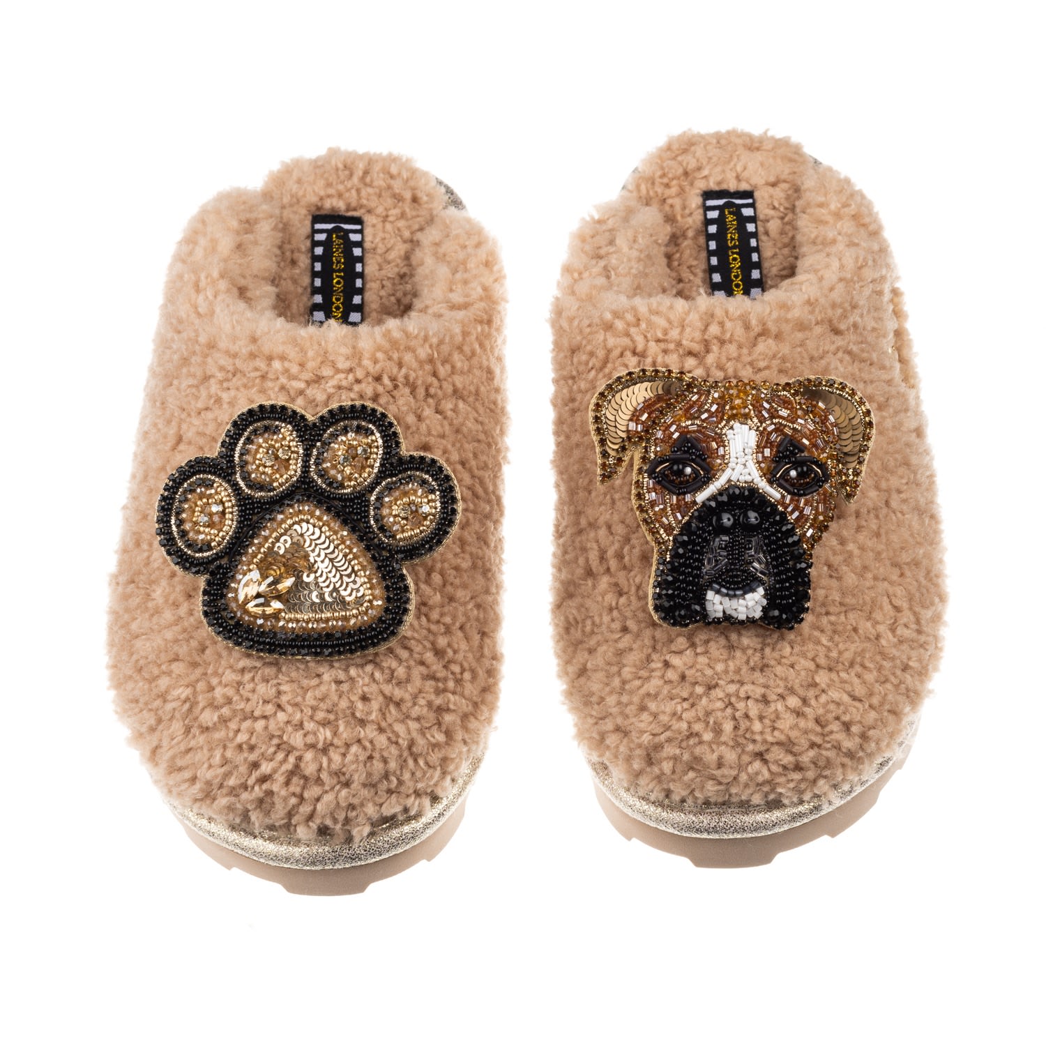 Laines London Women's Brown Teddy Towelling Closed Toe Slippers With Pip The Boxer & Paw Print Brooches - Toffee