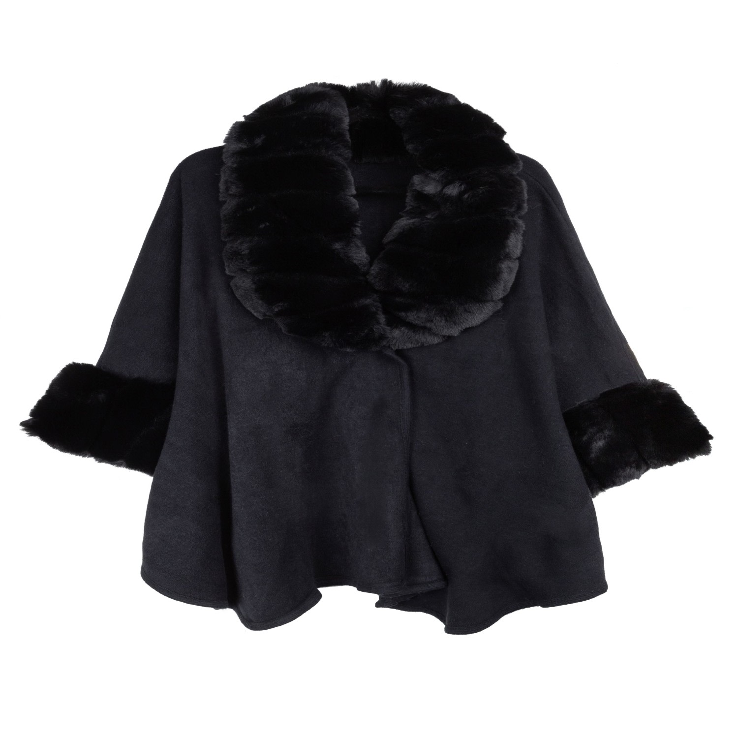 Saachi Women's Faux Fur Trim Black Kimono