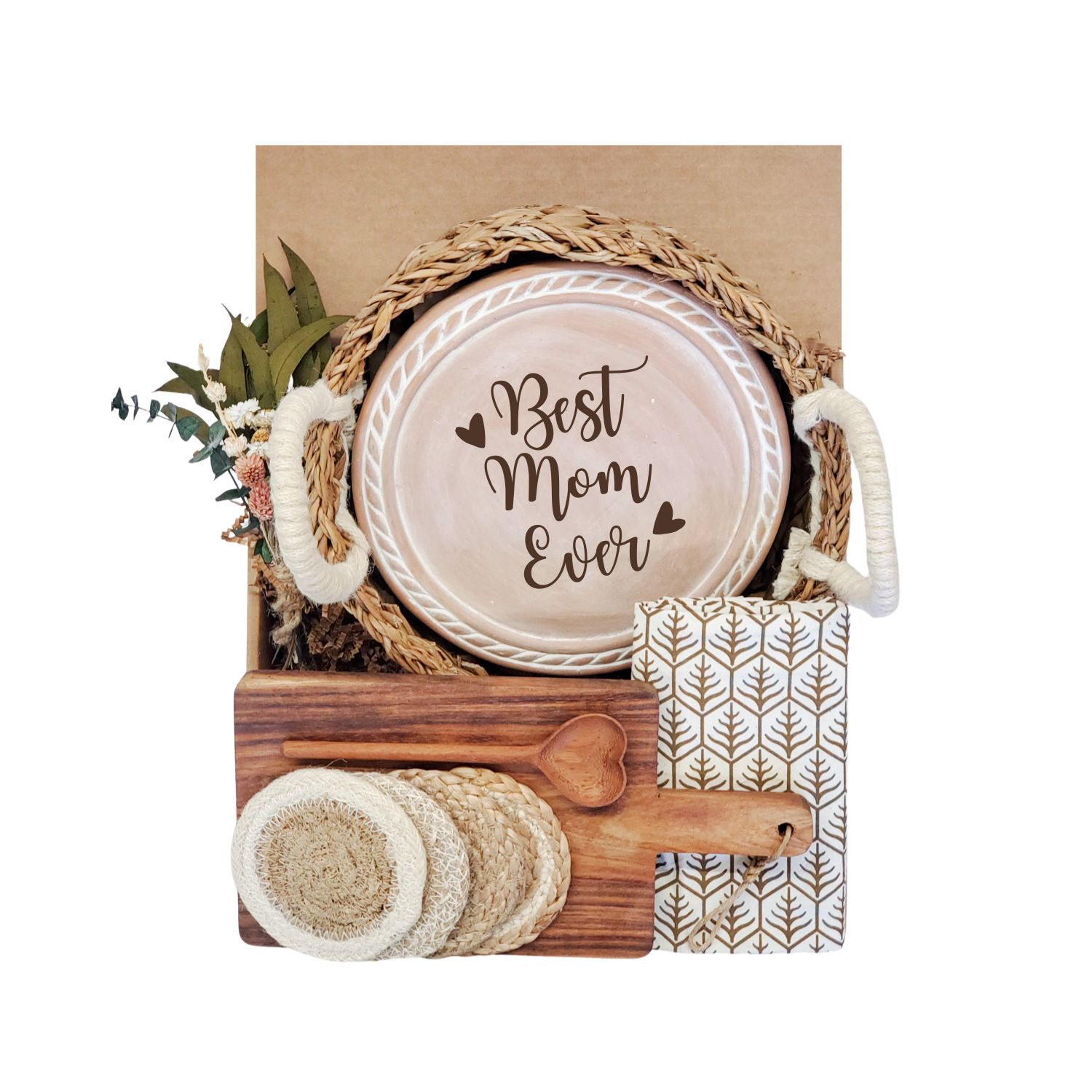Korissa Brown / Neutrals Bread Warmer Gift Box With Rectangular Wooden Board, Spoon & Dark Brown Tea Towel -