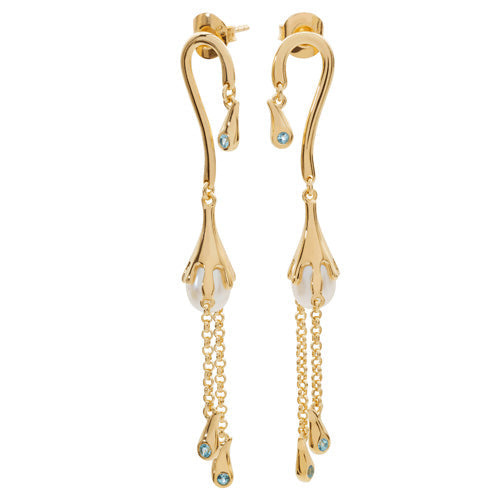 Lucy Quartermaine Women's Pearl Drop Earrings With Blue Swarovski Crystals In 18ct Gold Vermeil In Gold