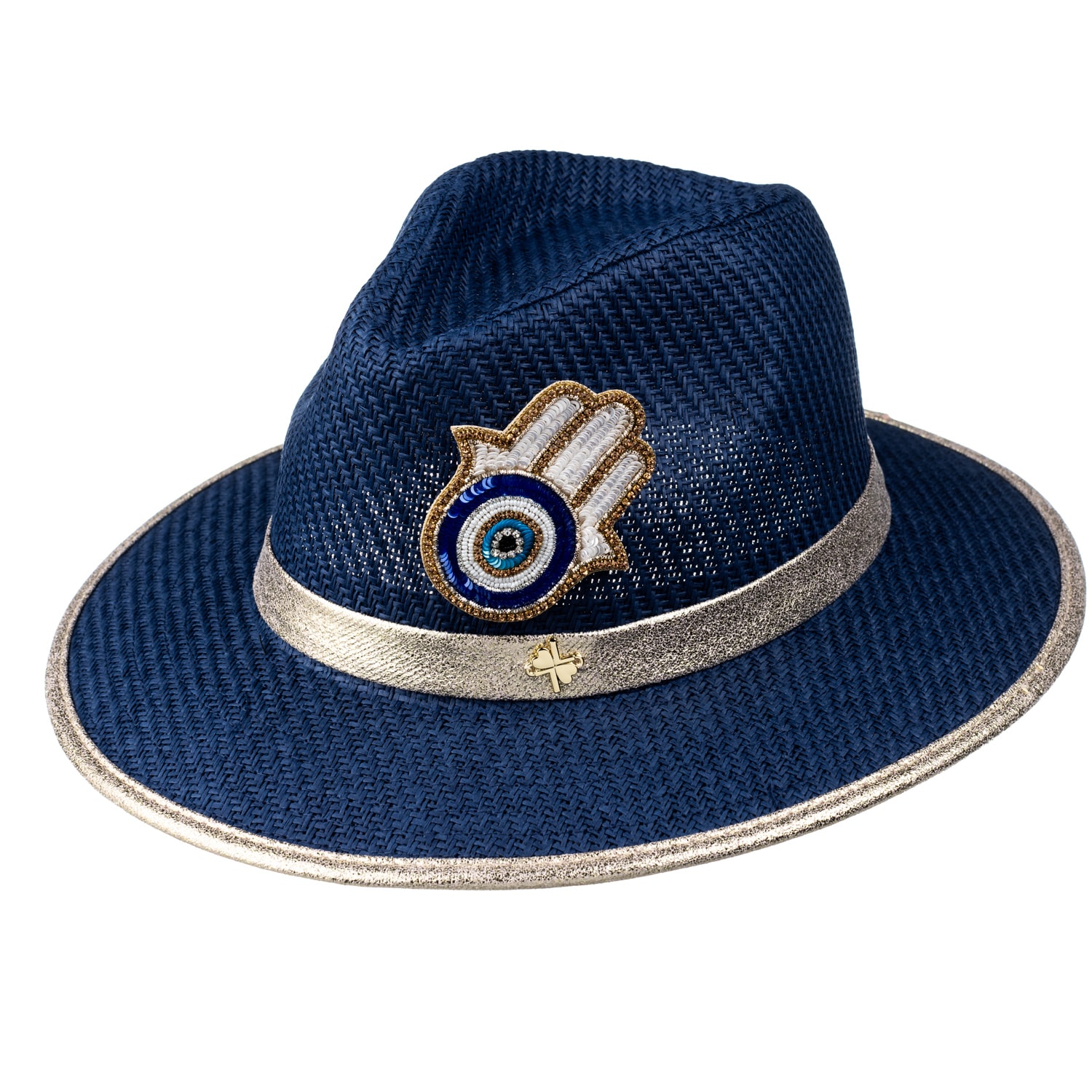 Women’s Blue Straw Woven Hat With Embellished Hamsa Hand Brooch - Navy One Size Laines London