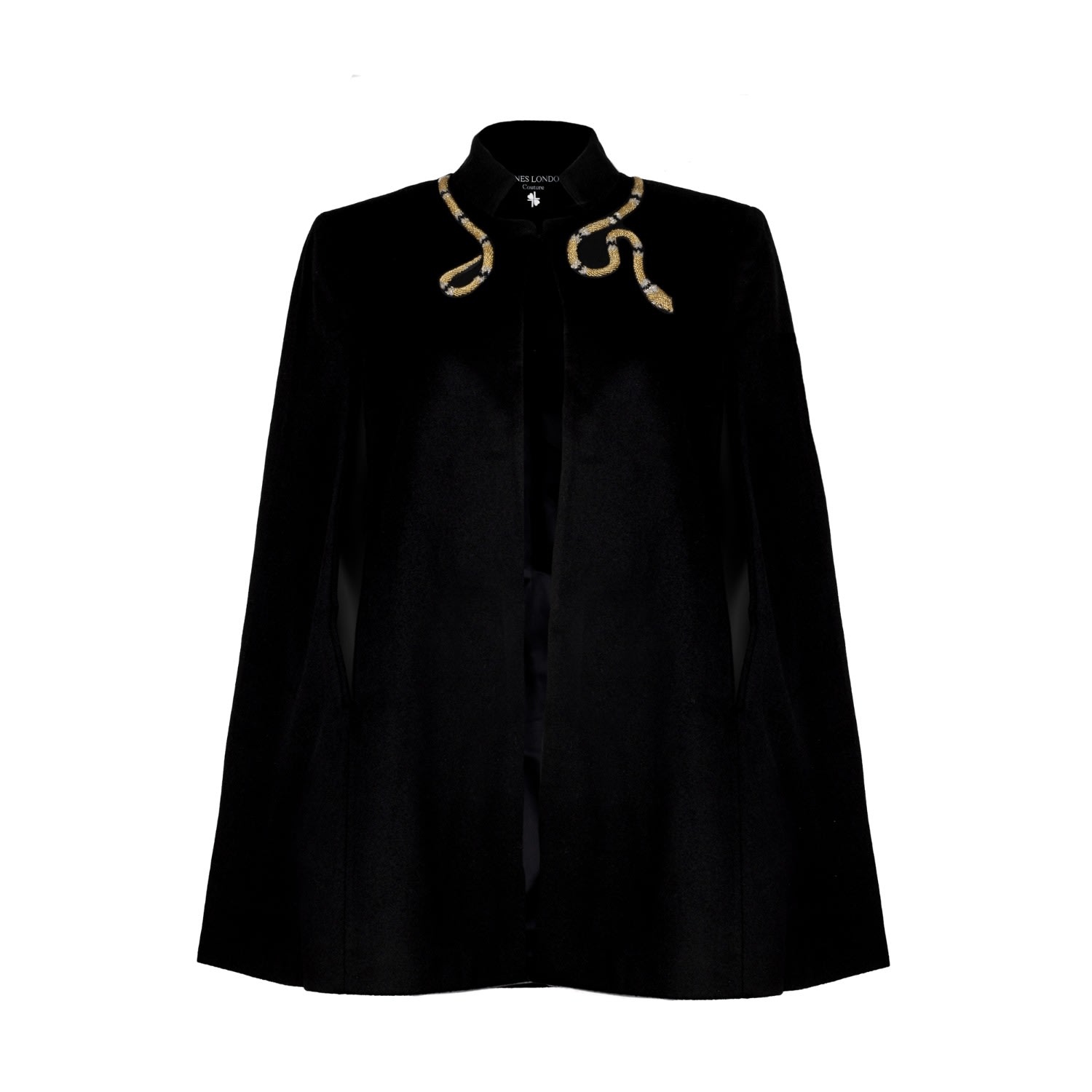 Laines London Women's Laines Couture Wool Blend Cape With Embellished Wrap Around Gold Snake - Black In Black