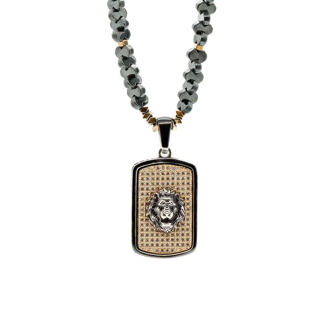 Silver / Gold / Black Sterling Silver Powerful Lion Black Beaded Men’s Necklace - Silver Ebru Jewelry