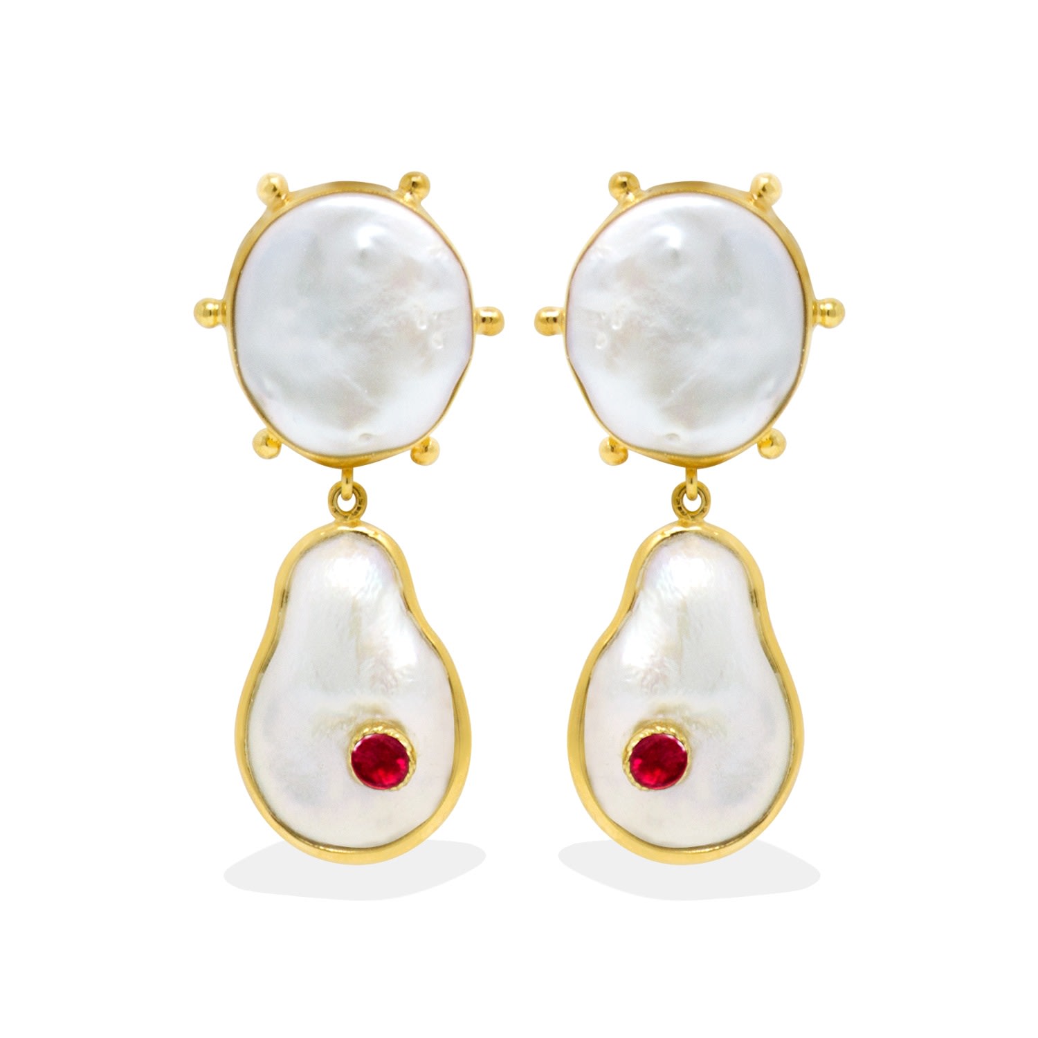 Vintouch Italy Women's White / Red / Gold Rebel Rebel Pearl Earrings With Rubies In Multi