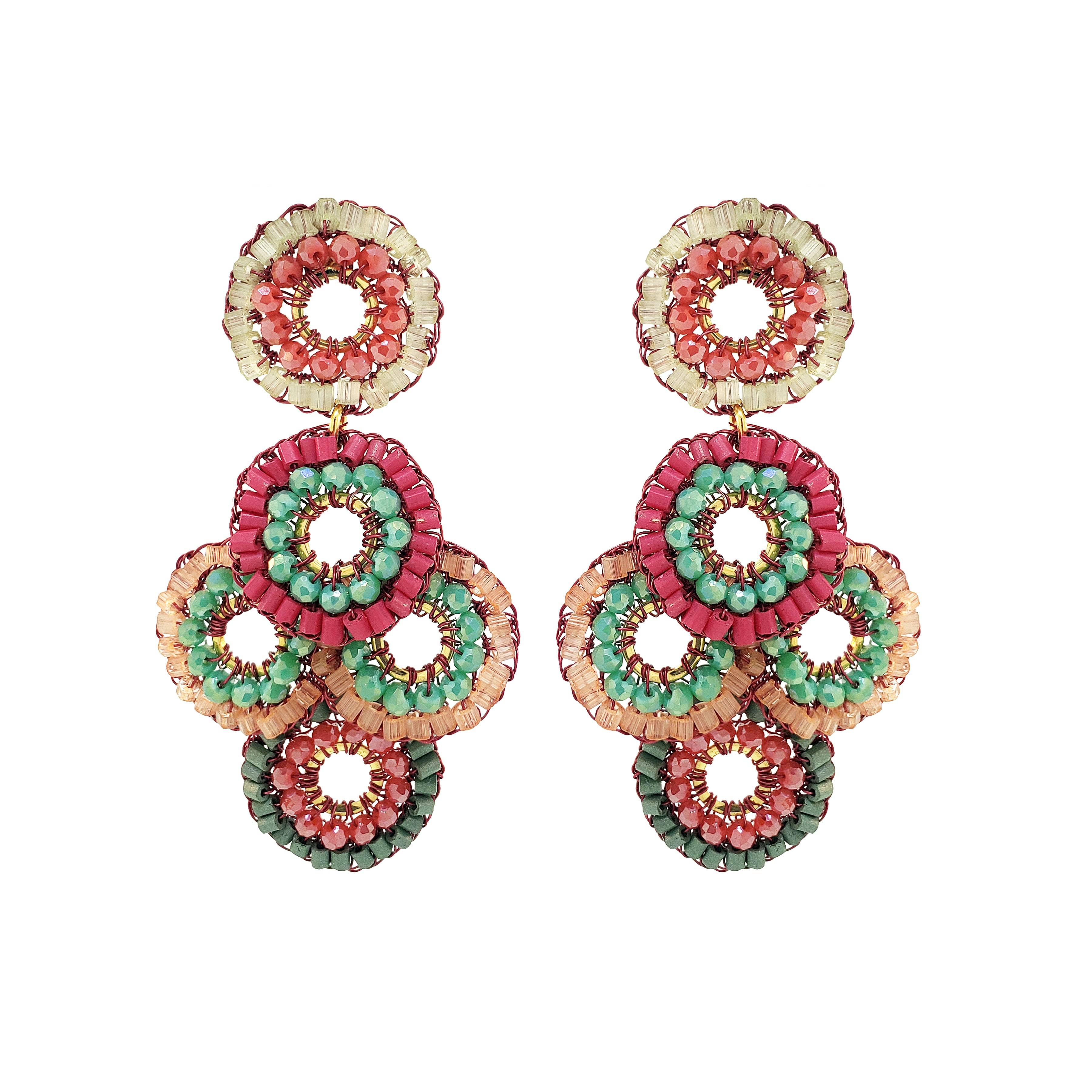 Lavish By Tricia Milaneze Women's Neutrals / Green / Pink Sunset Coral Mix Coco Handmade Crochet Earrings