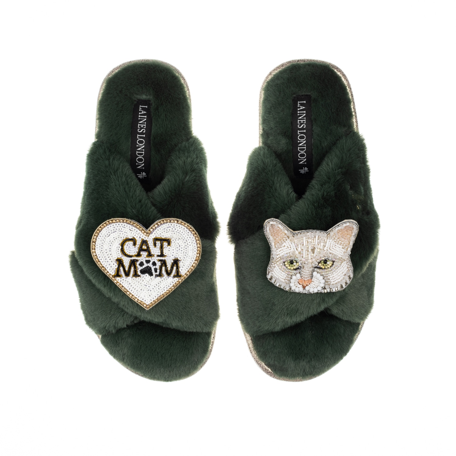 Laines London Women's Classic Laines Slippers With White Lily Cat & Cat Mum / Mom Brooches - Limited Edition Green In Green