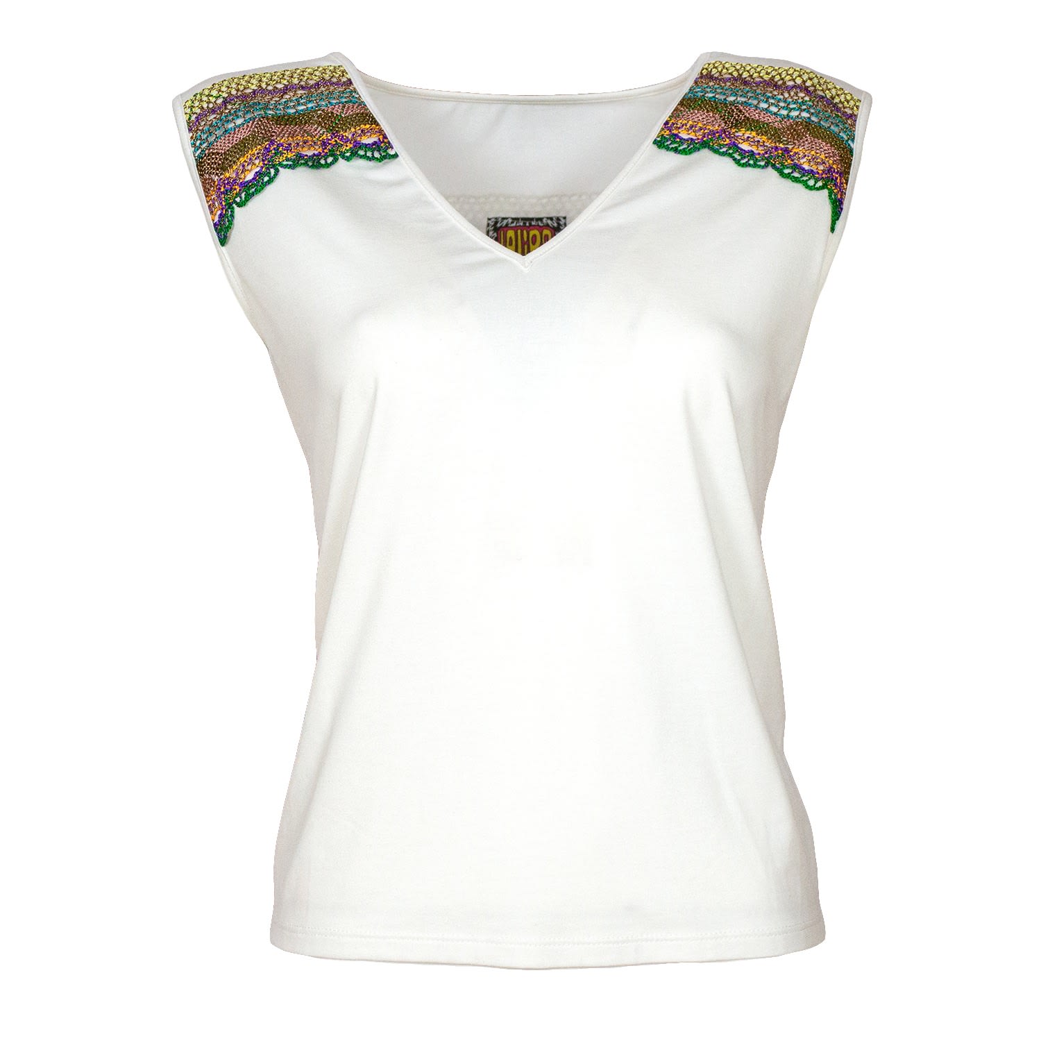 Lalipop Design Women's White Sleeveless Blouse With Colorful Accessories On The Yoke In White