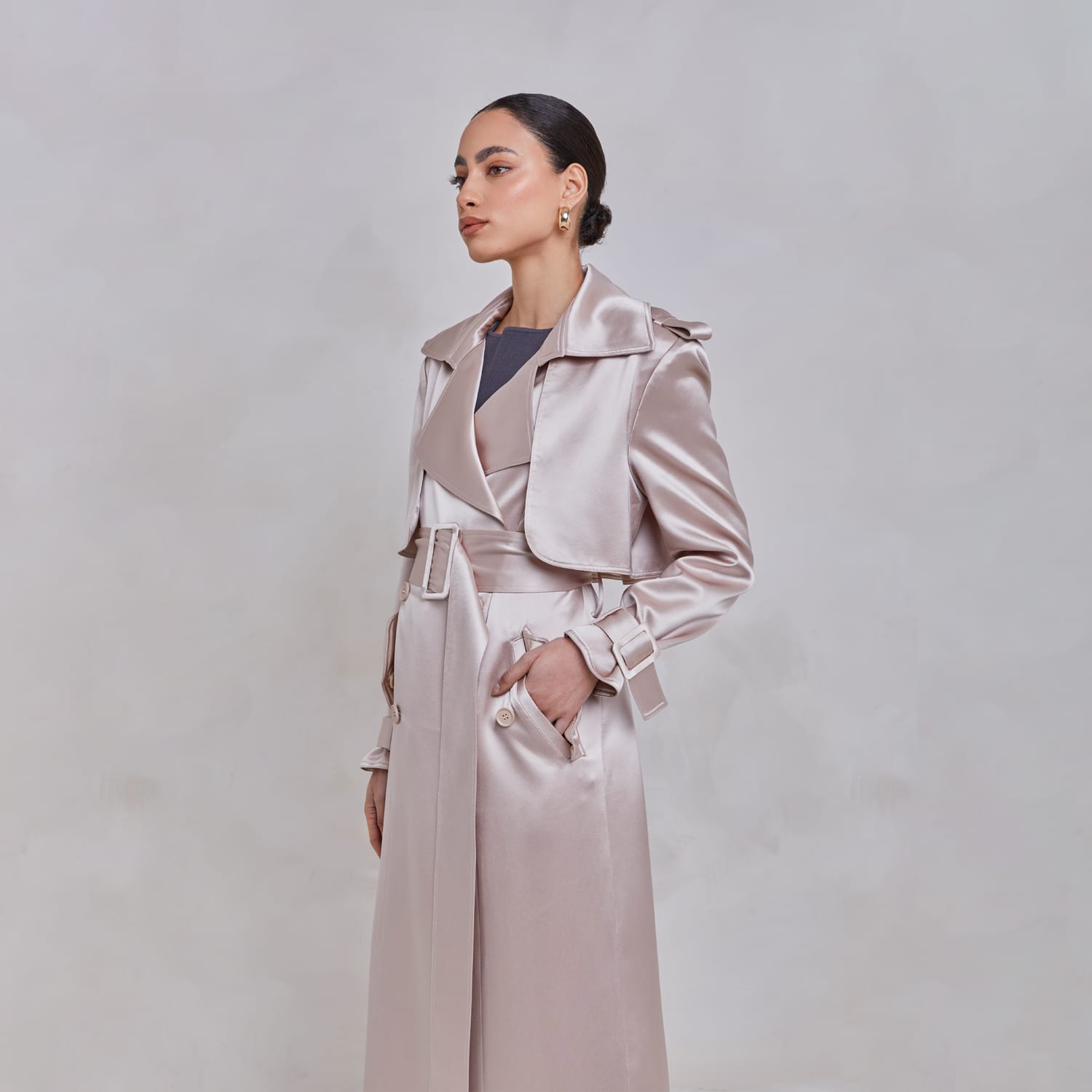 Maryam Beige Belted Satin Trench Coat | SAMEERA | Wolf & Badger