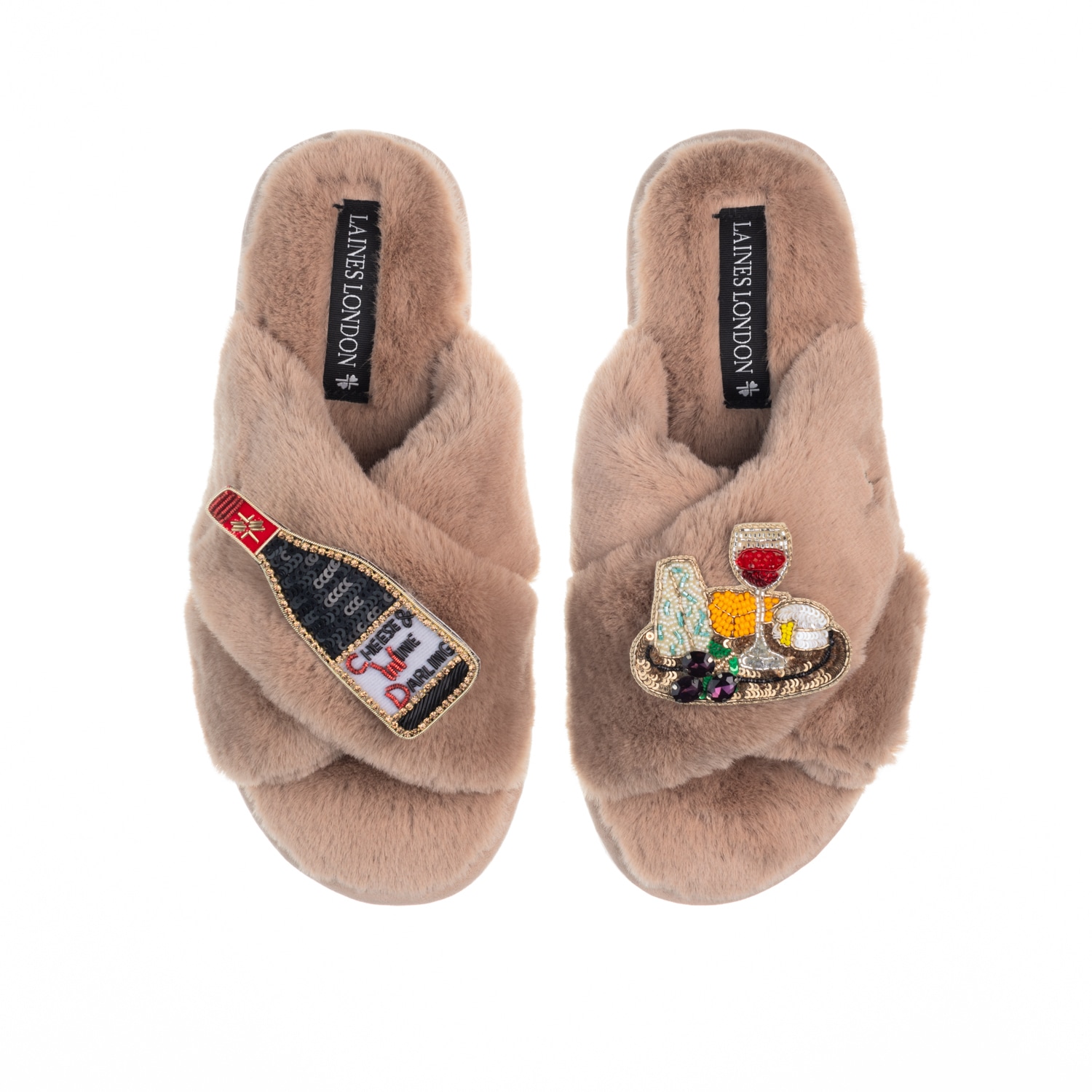 Laines London Women's Neutrals Classic Laines Slippers With Cheese & Red Wine Brooches - Toffee In White